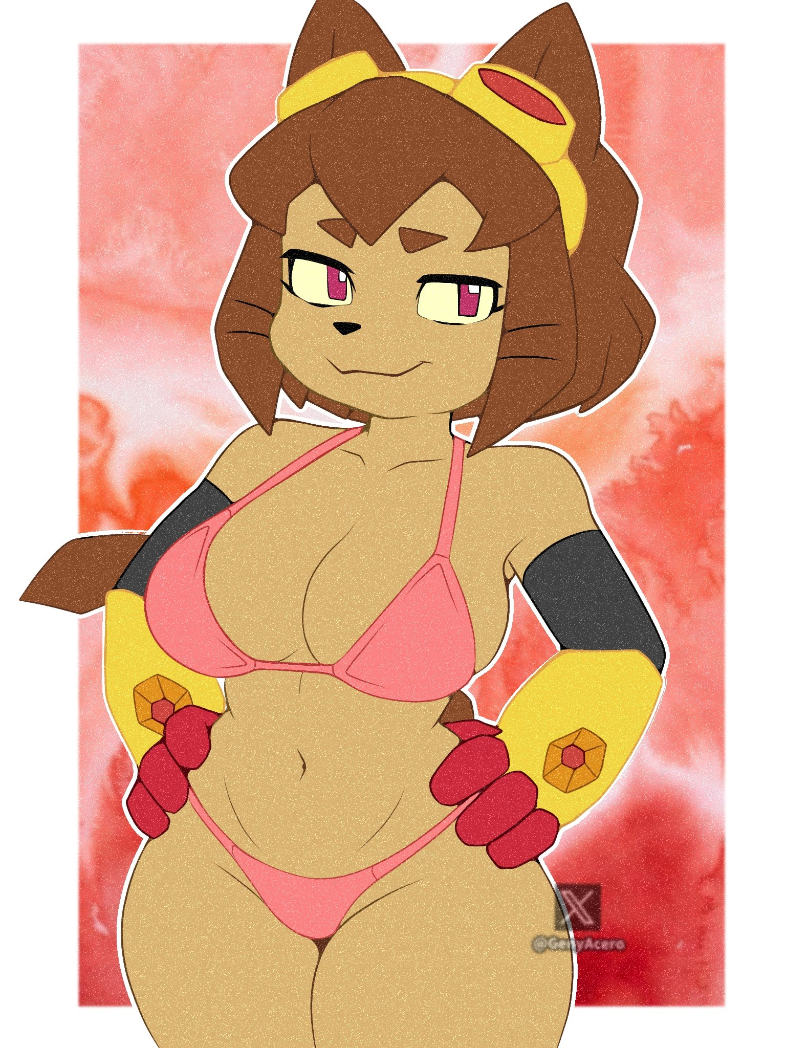 big breasts, bikini, bikini top, boobs, booty, caked up, cat ears, cat tail, catgirl, feline, female only, gameoverse, genyacero, glitch productions, kit (gameoverse), kit bodega, pink bikini, sexy body, sexy female, smug face, solo, tagme