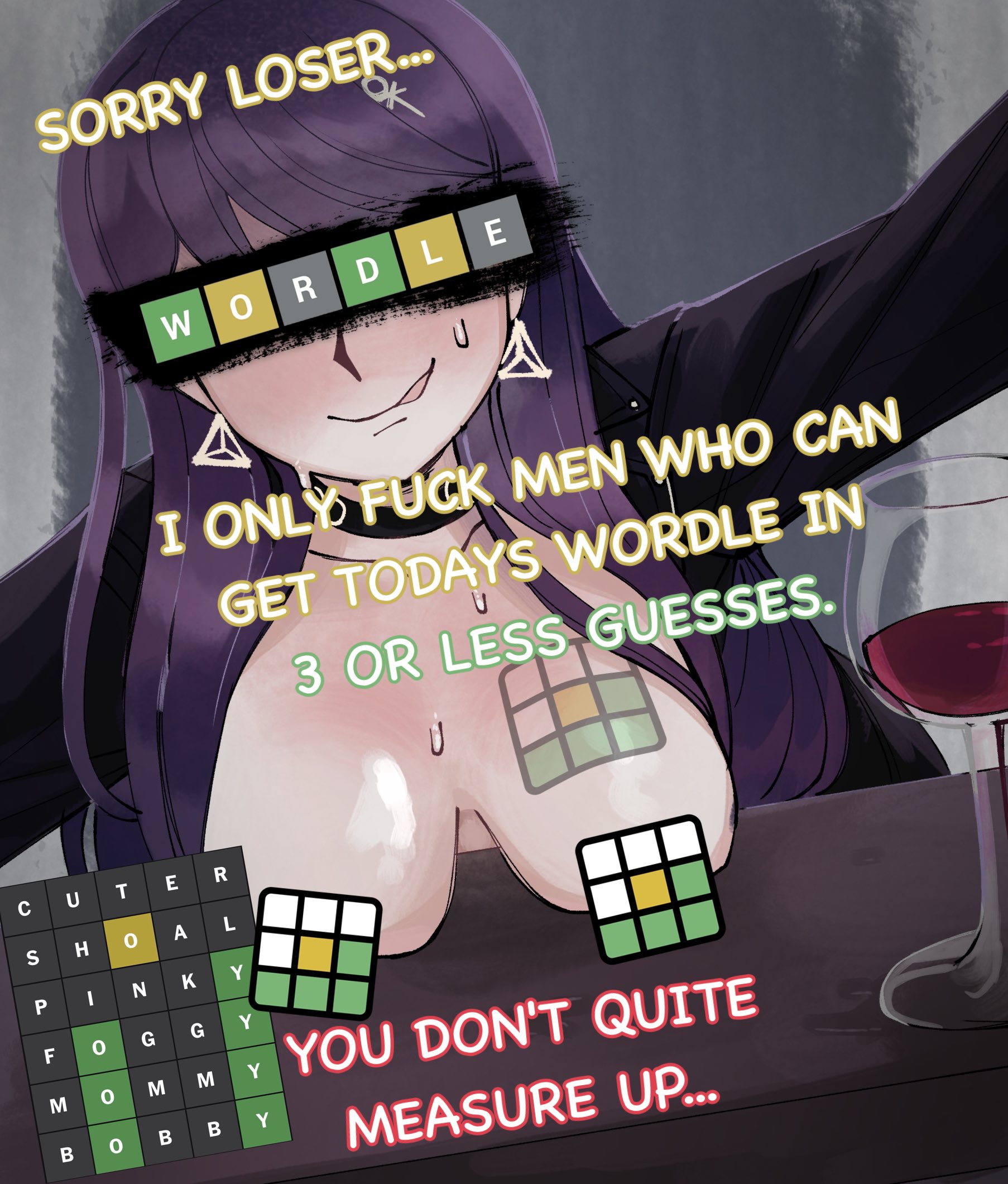 big breasts, caption, caption edit, caption fetish, captioned, covered eyes, english text, female, goon caption, hiruko shizuhara, meme reference, novemblem, sweat, text, the hundred line -last defense academy-, twitter, wordle, wordle cuck captions (meme)