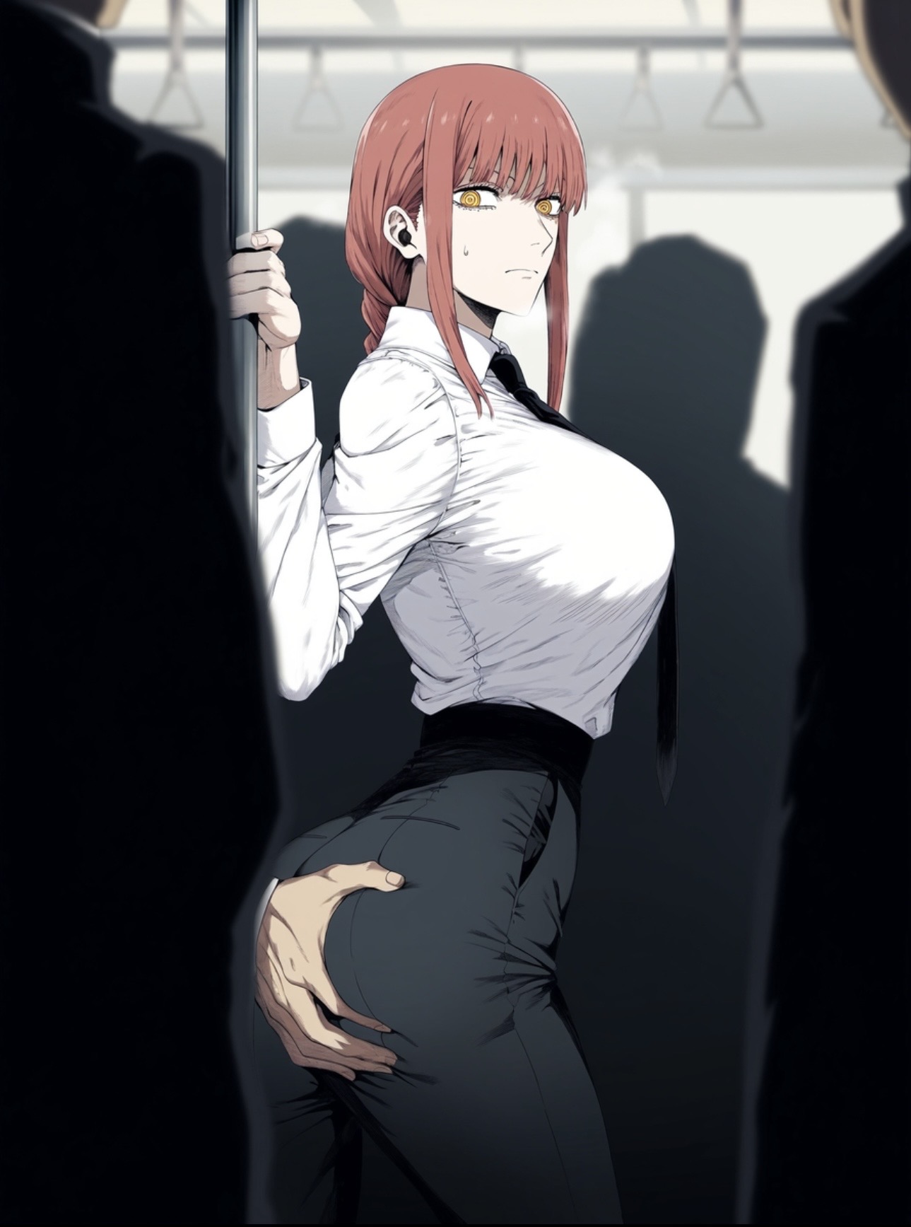 ai generated, big breasts, chainsaw man, grabbing ass, gratefhosp, groping ass, makima (chainsaw man), molestation, molestation in public, molested, molesting, public humiliation, public indecency, public transportation, red hair, red hair female, sole female, touching ass, train interior