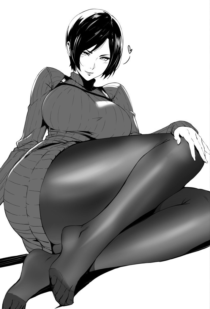 2d, 2d (artwork), ada wong, barefoot, beautiful woman, black and white, feet, jamjam, jamjamstyle, legs, mature woman, pantyhose, short hair, thighs, toes