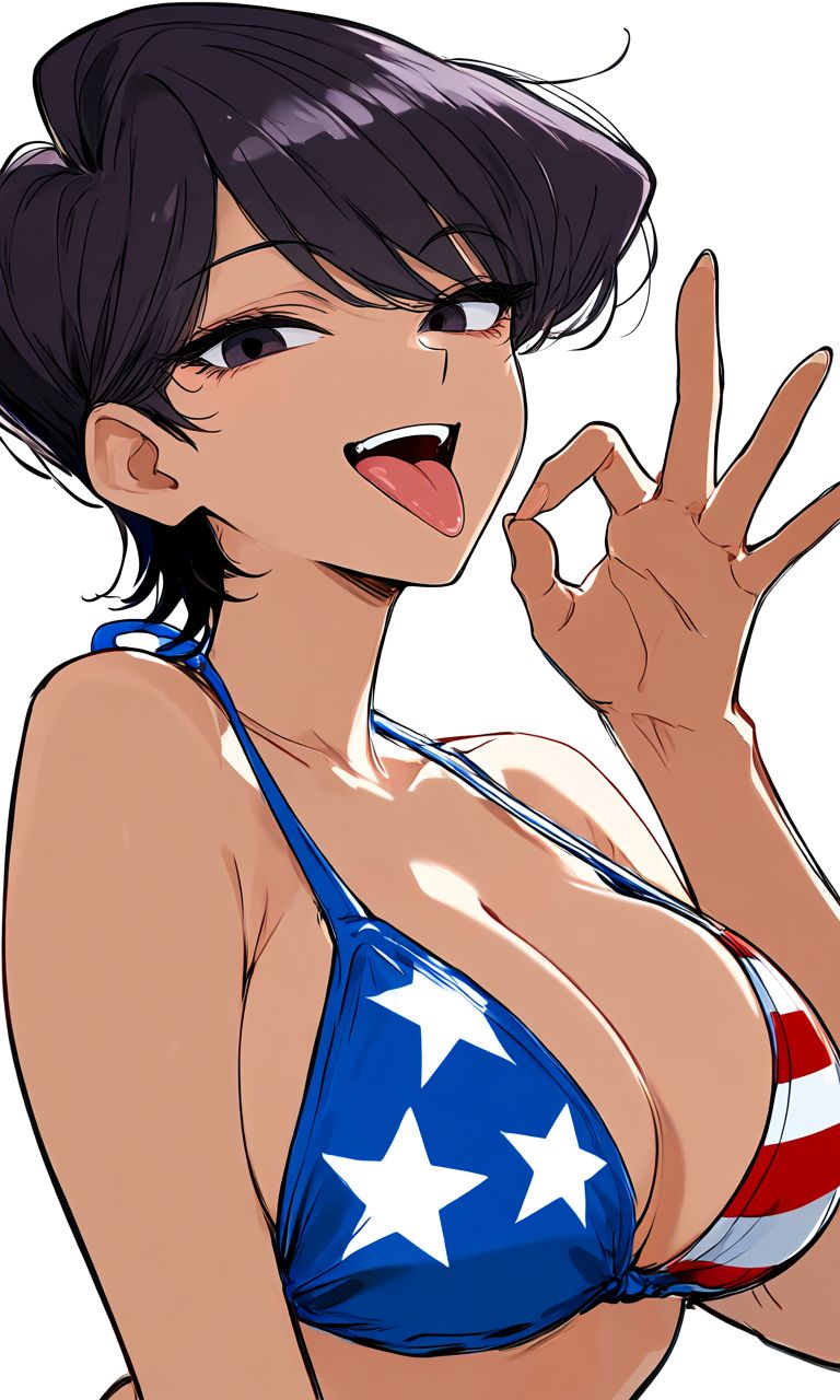 1girls, ai generated, american flag bikini, big breasts, bikini, curvy, curvy body, curvy female, curvy figure, female, female only, komi shuuko, komi-san wa komyushou desu, light skin, light-skinned female, looking at viewer, mature female, micro bikini, open mouth, shao145, shiny skin, solo, solo female, tongue, tongue out