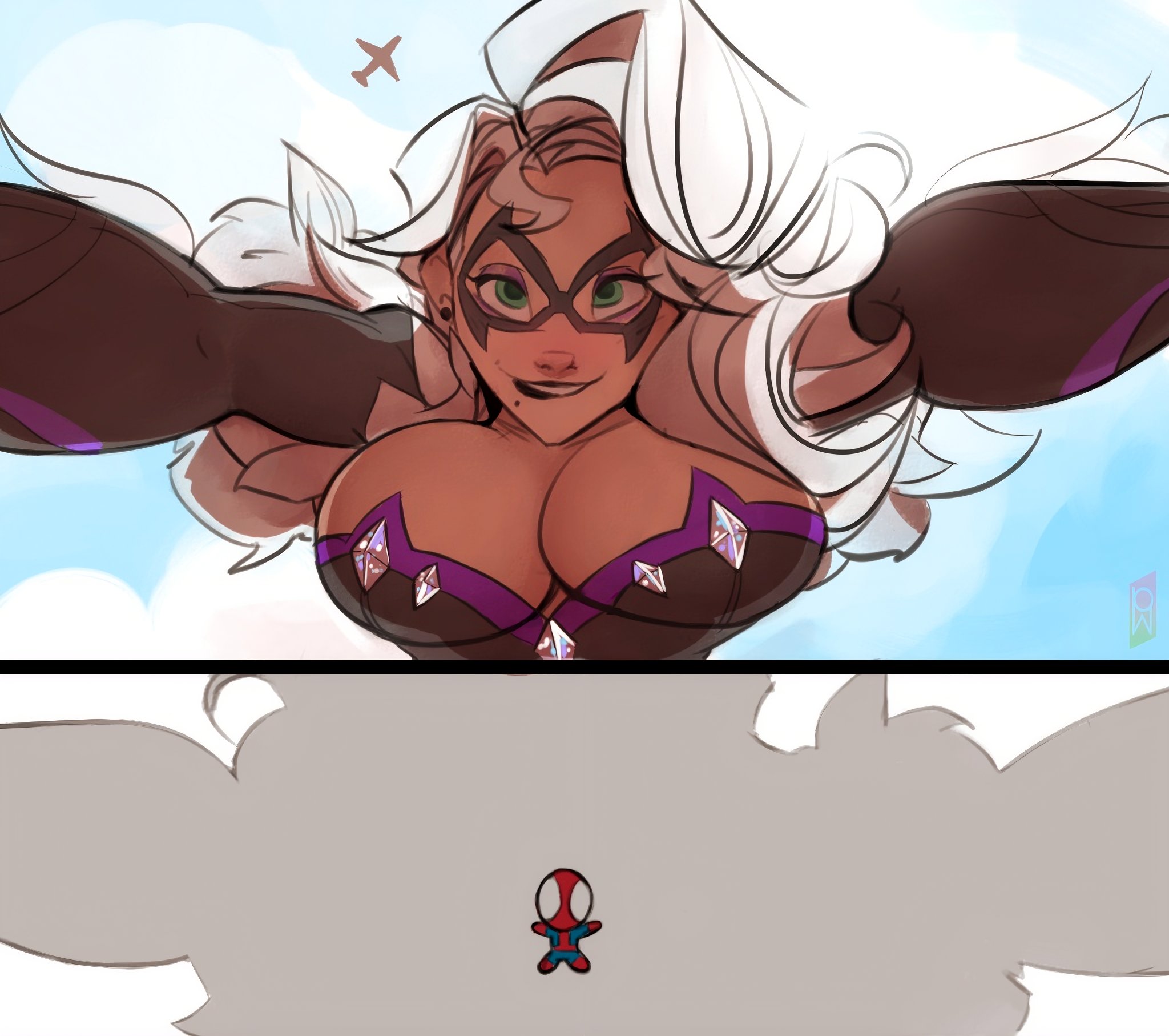 1boy, 1girl1boy, 1girls, 2026, 2d, alluring, big breasts, black cat (marvel rivals), black cat (marvel), bodysuit, breasts, bursting breasts, cleavage, curvaceous, curvaceous body, curvaceous female, curvaceous figure, curvy, curvy body, curvy female, curvy figure, cute, domino mask, enticing, eyemask, felicia hardy, female, giantess, green eyes, hips, huge breasts, large breasts, light-skin, light-skinned female, looking at partner, looking at viewer, male, male/female, marvel, marvel comics, marvel rivals, mask, masked, masked female, massive breasts, netease games, peter parker, seducing, seductive, seductive look, skin tight, spider-man, spider-man (series), straight, superheroine, teasing, teasing partner, teasing viewer, temptation, tempting, tempting viewer, thick, thick breasts, thick hips, thick thighs, tight clothes, tight clothing, tomphelippe, voluptuous, voluptuous female, white fur, white hair, wide hips
