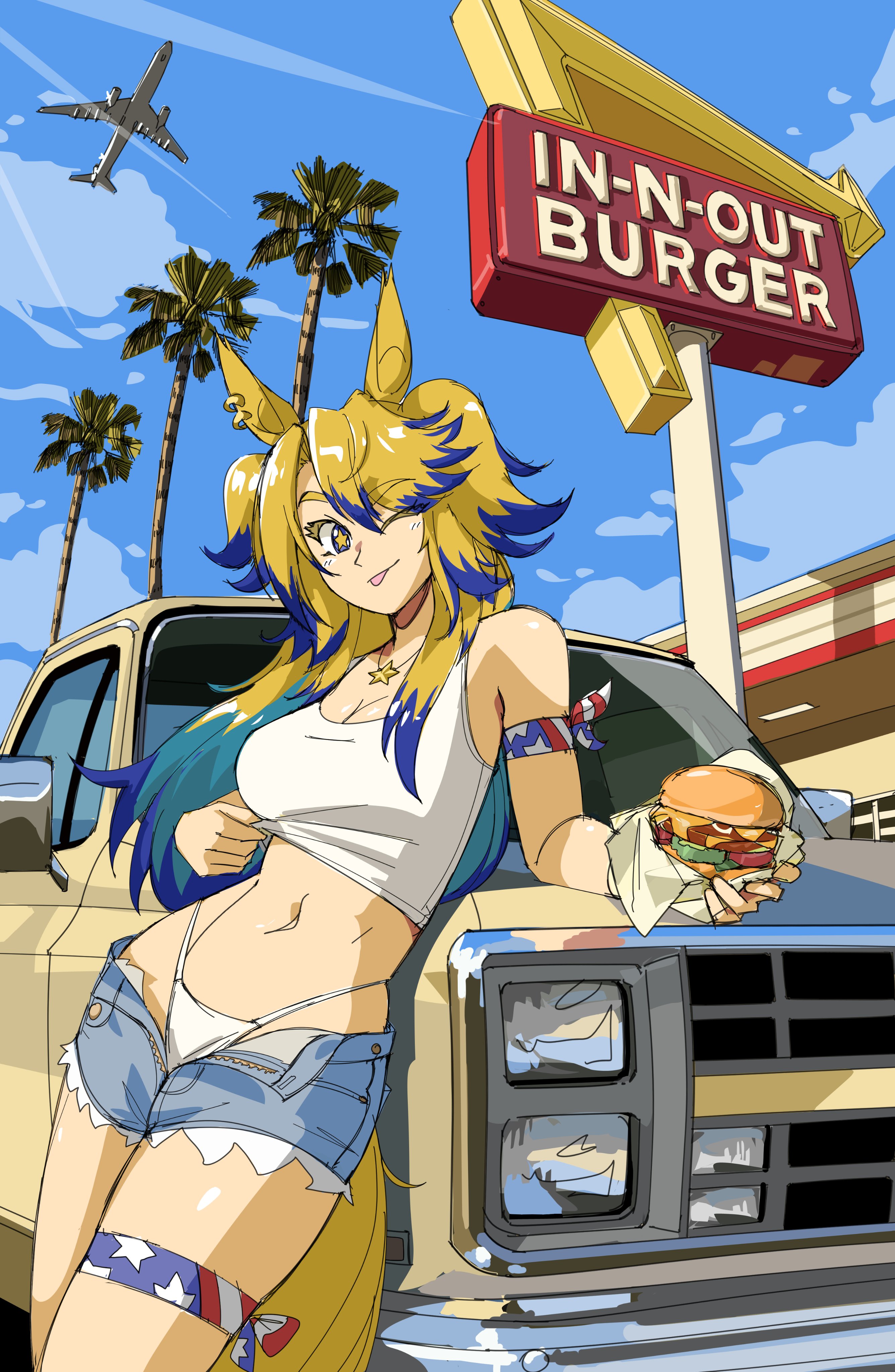 427deer, aircraft, american flag armwear, american flag legwear, beautiful woman, burger, denim shorts, ford f150, in-n-out burger, looking at viewer, midriff, multicolored hair, navel, obey your master (umamusume), palm tree, panties, panty peek, thighs, tomboyish, tongue out, umamusume, umamusume pretty derby, umamusume: cinderella gray, white topwear