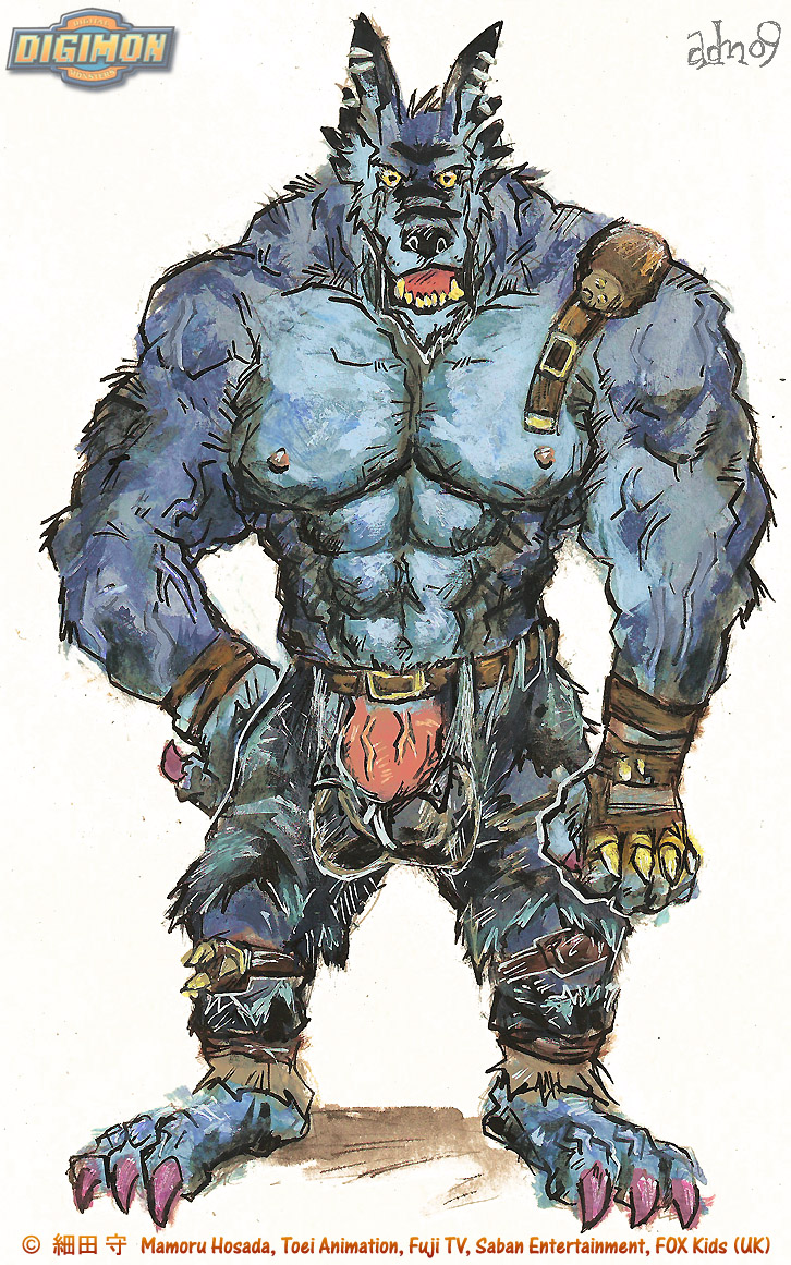 2009 abs anthro aokmaidu belt big_balls blue bulge canine claws digimon exposed fangs fur furry hyper leather looking_at_viewer male male_only muscles open_mouth open_pants pants penis sbarazoku solo standing testicle torn_clothing unzipped weregarurumon werewolf wolf yellow_eyes