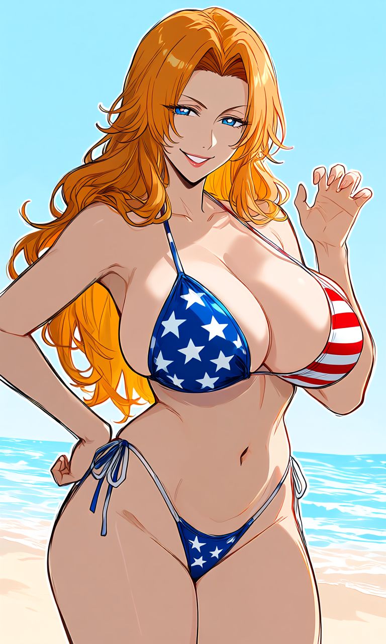 1girls, ai generated, american flag bikini, beach, big breasts, bikini, bleach, bleach: the thousand-year blood war, curvy, curvy body, curvy female, curvy figure, female, female only, huge breasts, large breasts, light skin, light-skinned female, looking at viewer, matsumoto rangiku, mature female, micro bikini, shao145, shiny skin, solo, solo female, standing, thong, thong bikini