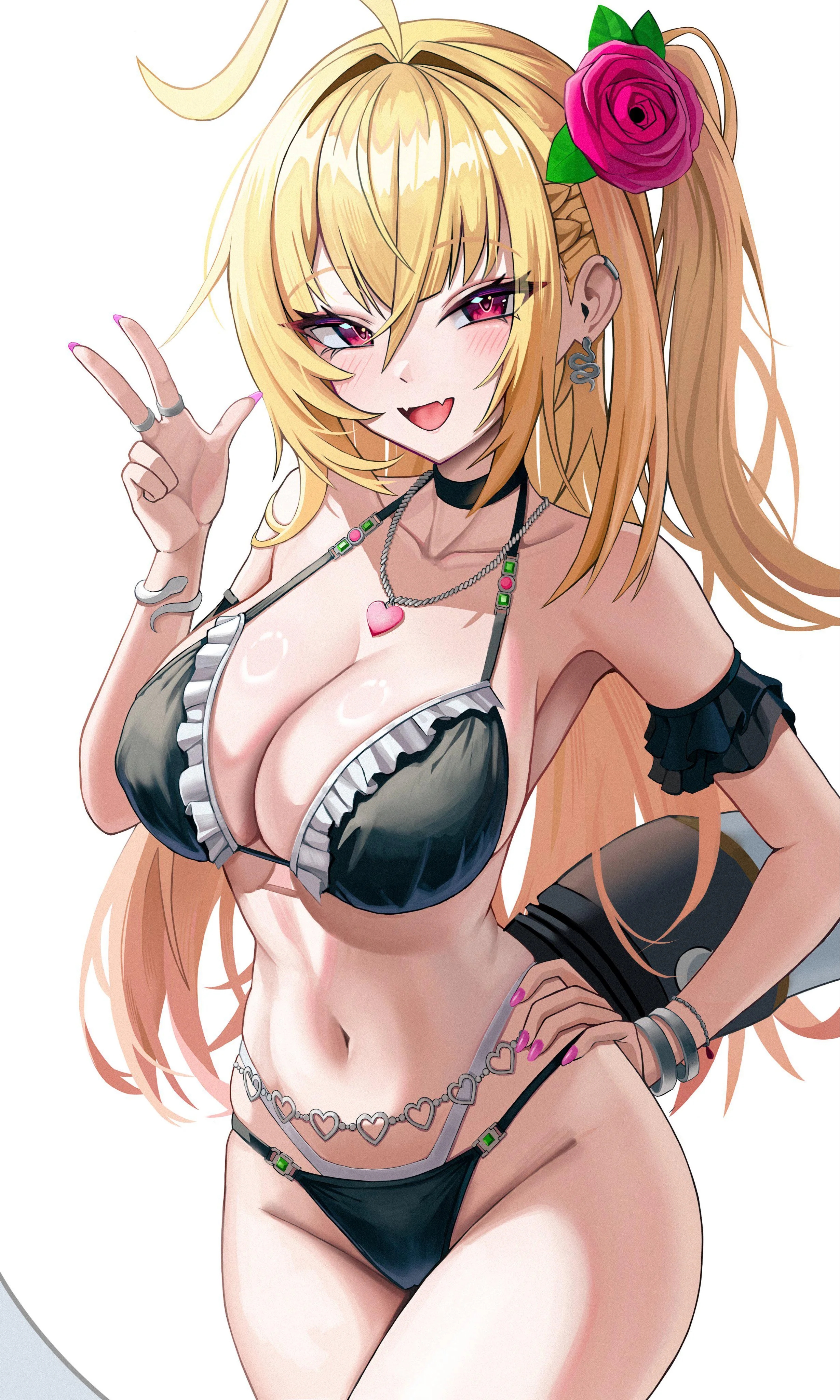 1girl, big breasts, bikini, blonde hair, cissia (zenless zone zero), colored nails, long hair, long nails, painted nails, pink nails, skin fangs, snake girl, snake tail, zenless zone zero
