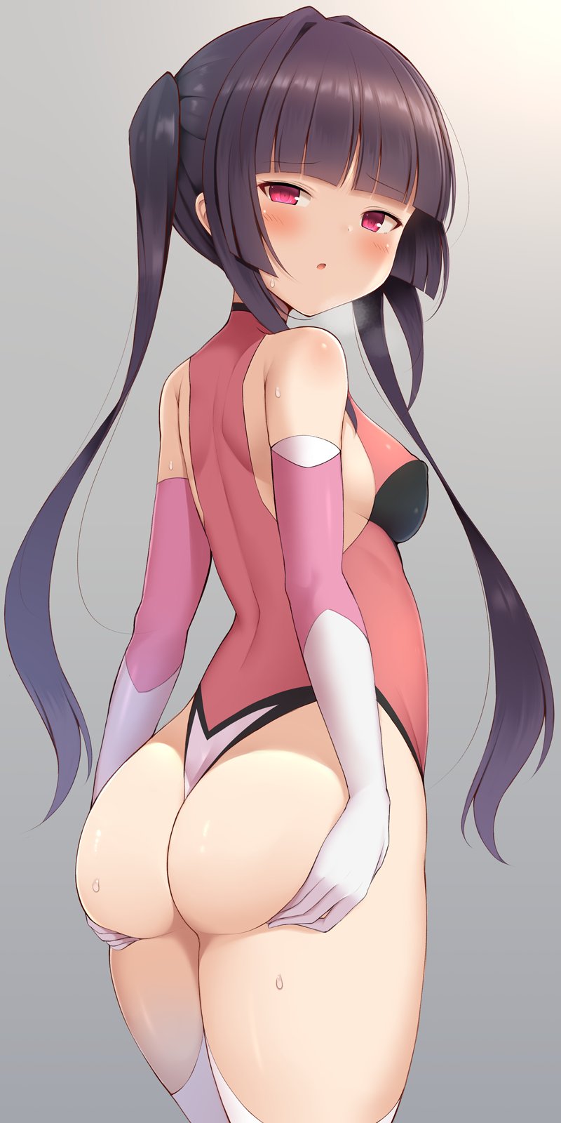 ass ass_grab ass_support bangs black_hair blunt_bangs breasts covered_nipples deep_skin female from_behind grabbing_own_ass hands_on_own_ass hanetu highleg highleg_leotard highres leotard long_hair looking_at_viewer looking_back medium_breasts pink_eyes pink_leotard senki_zesshou_symphogear shiny shiny_clothes shiny_hair shiny_skin skin_tight solo standing thong_leotard tsukuyomi_shirabe twintails