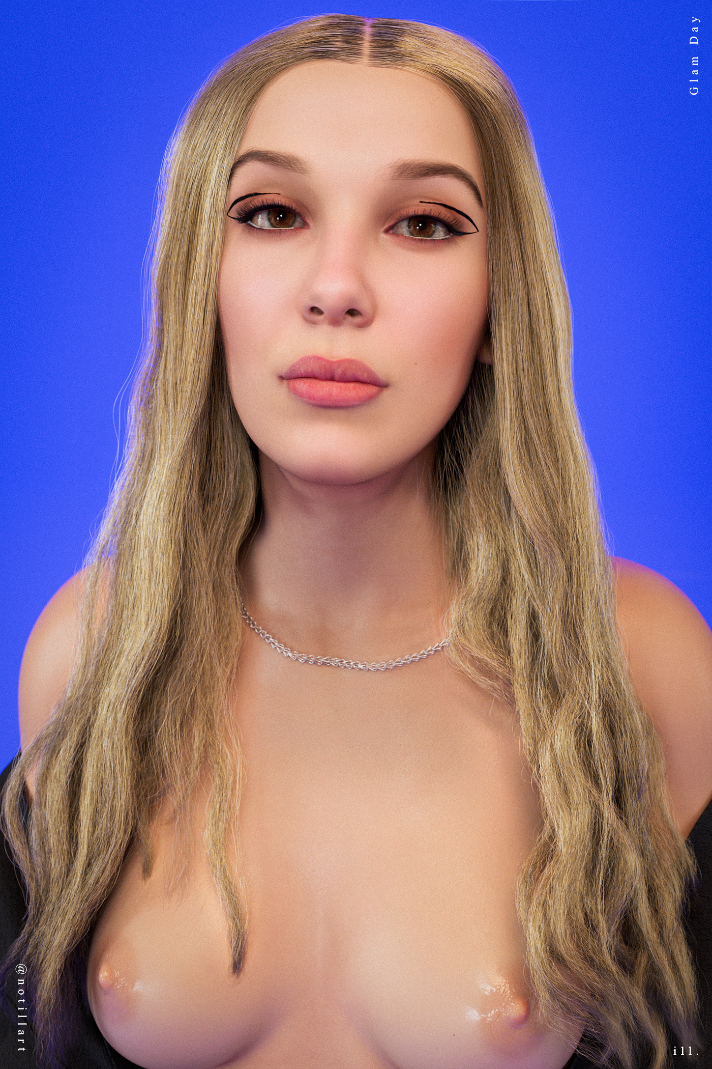 1girls, blonde female, blonde hair, breasts, bust portrait, celebrity, eleven (stranger things), female, human, human only, light skin, light-skinned female, makeup, millie bobby brown, nipslip, notill, nude, nude female, photorealism, photoshoot, pose, real person, realistic, small breasts, solo, tagme