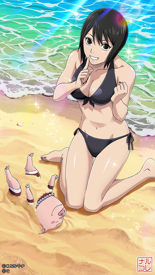 1animal 1girls artist_request bare_legs bare_shoulders barefoot bikini black_hair breasts cleavage day feet female female_focus female_only grin human knees_together_feet_apart light_particles long_hair looking_at_viewer midriff naruto naruto_(series) naruto_shippuden ocean pig sand seaside shizune shore shushing side-tie_bikini smile sparkles spread_legs summer sunlight swimsuit tonton water