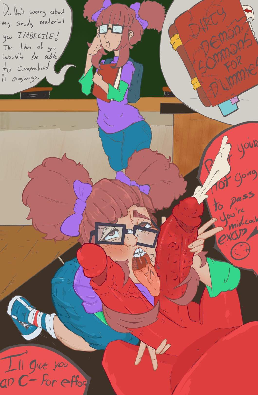 2koma brunette classroom clothed clothing demon fellatio female glasses huge_cock implied_fellatio instant_loss instant_loss_2koma madjester nerd nerdy_female pigtails red_skin speech_bubble straight