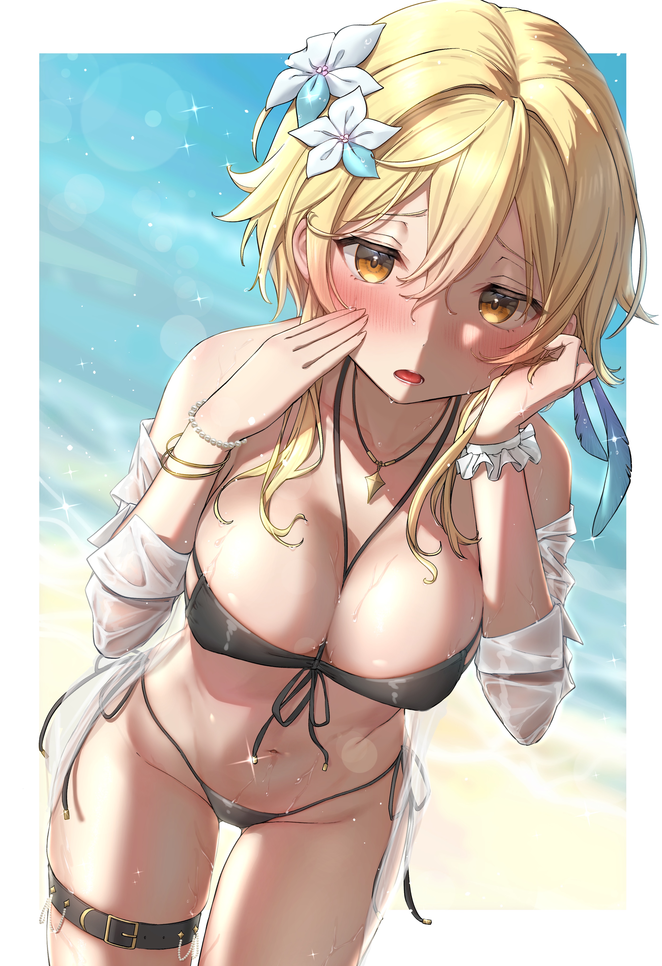 1girls, beach, bikini, blonde female, blonde hair, blush, bracelet, chumugi, cleavage, female, female only, flower, flower in hair, genshin impact, highres, looking at viewer, lumine (genshin impact), navel, necklace, off shoulder, short hair, solo, standing, swimsuit, thigh belt, thigh strap, thighs, wet, yellow eyes