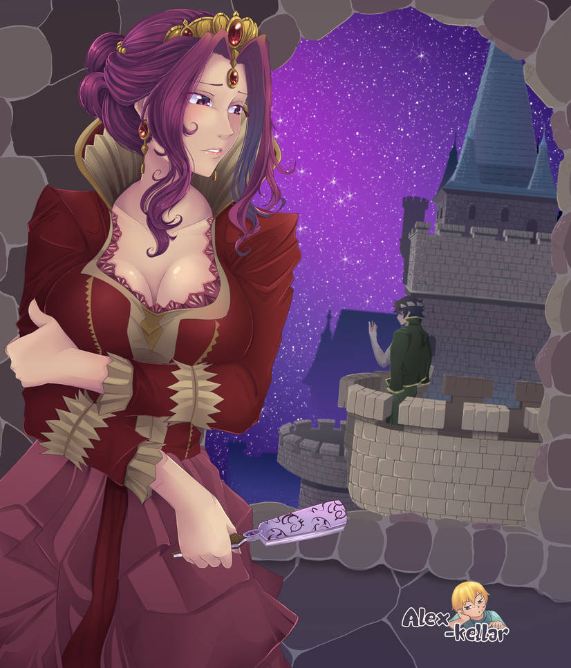 1boy, 1girls, alex-kellar, big breasts, breasts, cleavage, crown, dress, female, iwatani naofumi, male, milf, mirelia q melromarc, queen, royalty, tate no yuusha no nariagari