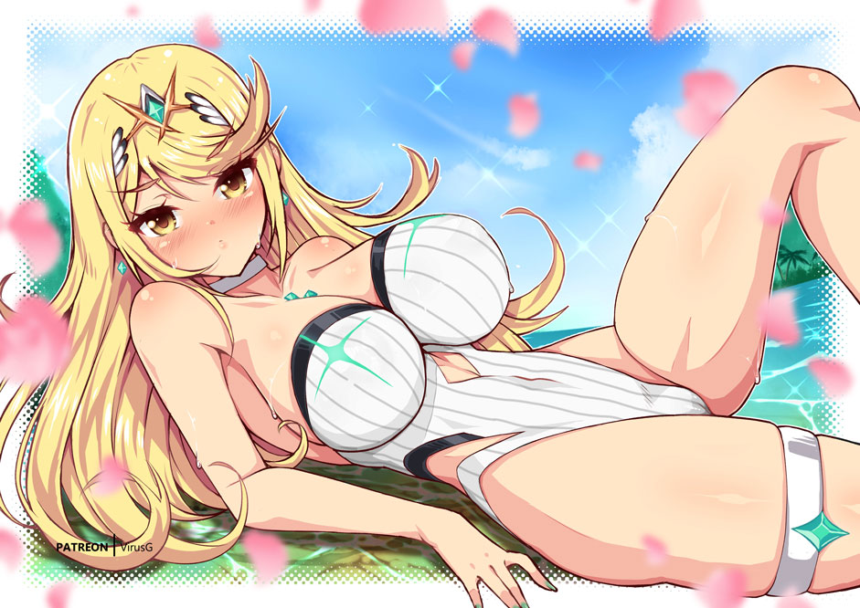 alternate costume, blonde female, breasts, cutesmashart, female, female only, laying on back, looking at viewer, mythra, nintendo, shiny, swimsuit, tagme, virus-g, xenoblade (series), xenoblade chronicles 2, yellow eyes