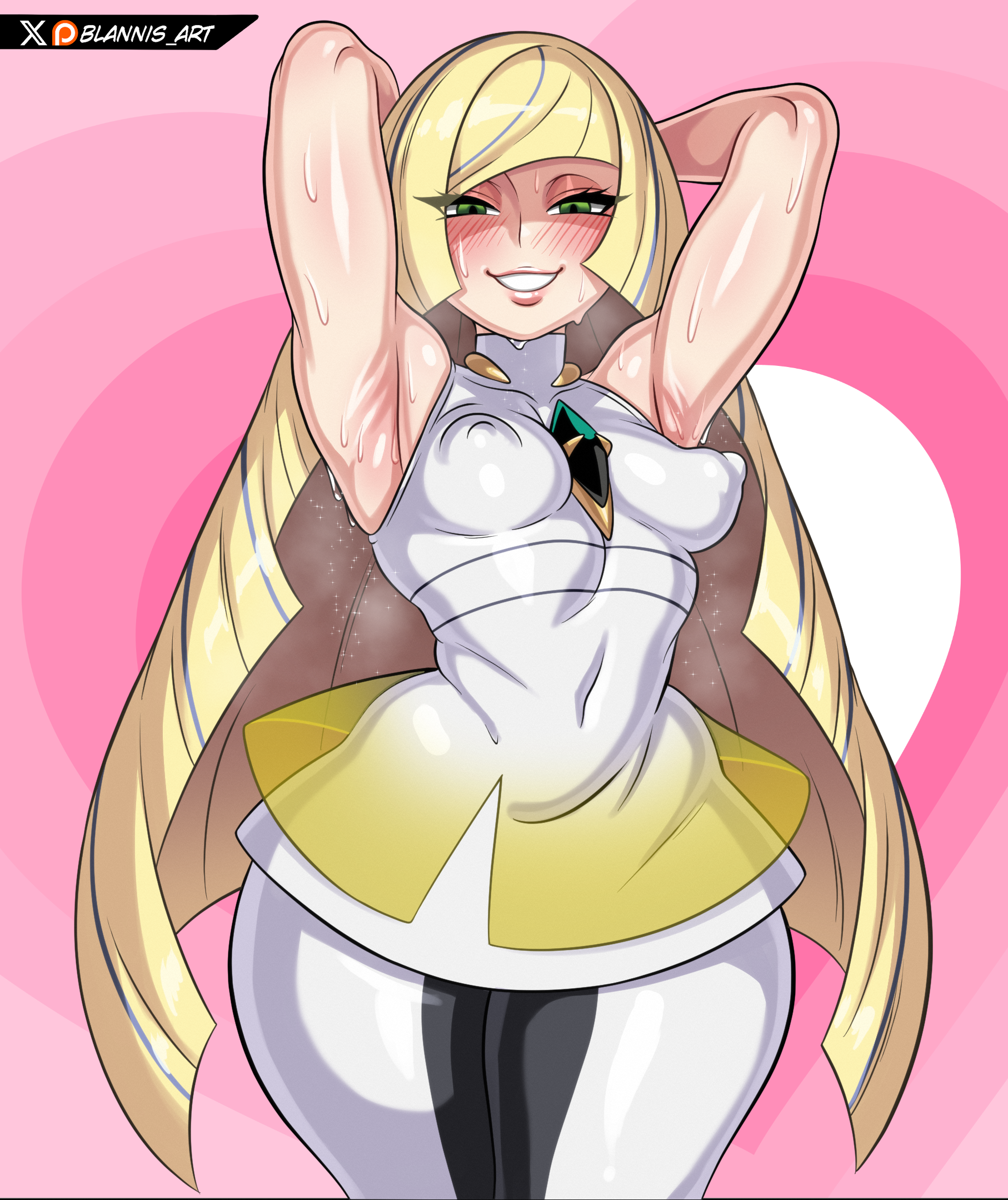 1girls, blannis art, blonde female, blonde hair, breasts, clothed, female, female only, lusamine (pokemon), nipples, nipples visible through clothing, pokemon, pokemon sm, small breasts, tagme