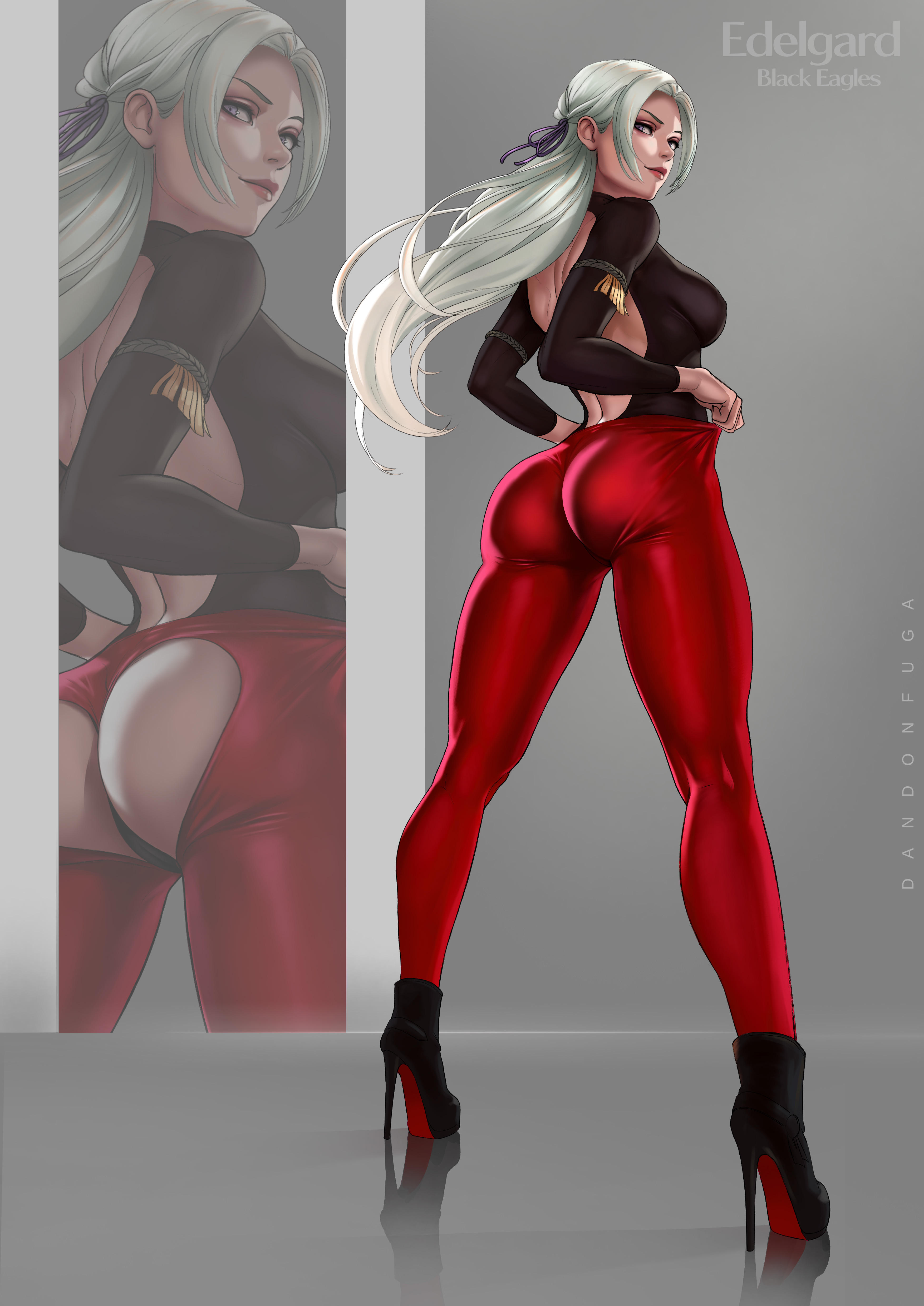 1girls, ass, ass focus, bare back, breasts, dandon fuga, edelgard von hresvelg, female, female only, fire emblem, fire emblem: three houses, heels, high heels, leggings, legs, long hair, looking at viewer, looking back, nintendo, purple eyes, sideboob, solo, suggestive look, tight clothing, tugging clothing, white hair