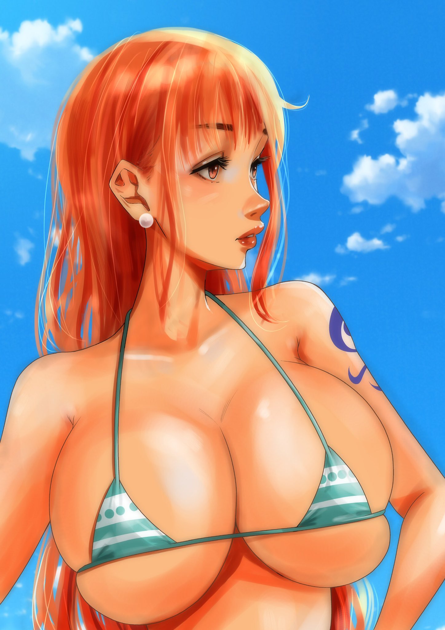 1girls big_breasts breasts brown_eyes cute earrings female female_only lips long_hair moriton nami one_piece orange_hair post-timeskip solo swimsuit tagme