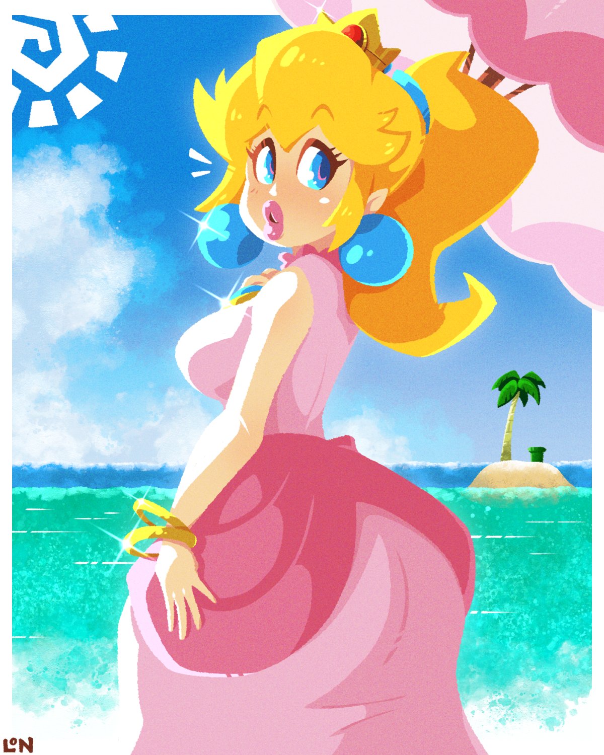 1girls ass beach big_ass big_lips blonde_female blonde_hair blue_eyes blush breasts bubble_butt clothed clothing female female_only huge_butt legendofnerd lips lipstick looking_at_viewer looking_back mario_(series) nintendo pink_lips pink_lipstick princess_peach rear_view super_mario_sunshine thick_lips