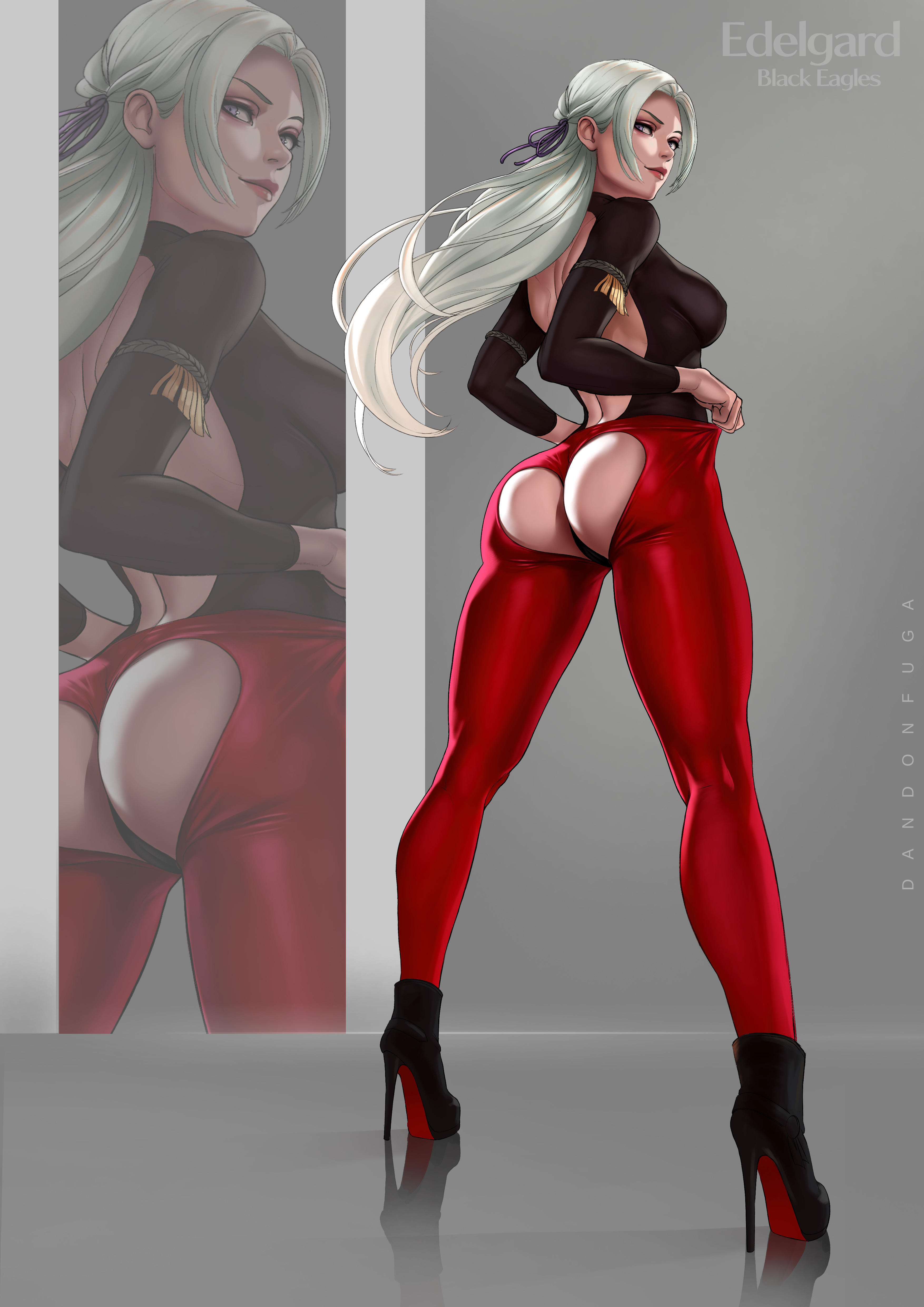 ass, ass focus, bare back, boots, breasts, dandon fuga, edelgard von hresvelg, exposed ass, female, fire emblem, fire emblem: three houses, heels, high heels, latex, leggings, legs, long hair, looking at viewer, looking back, nintendo, purple eyes, sideboob, solo, suggestive look, torn clothes, tugging clothing, white hair