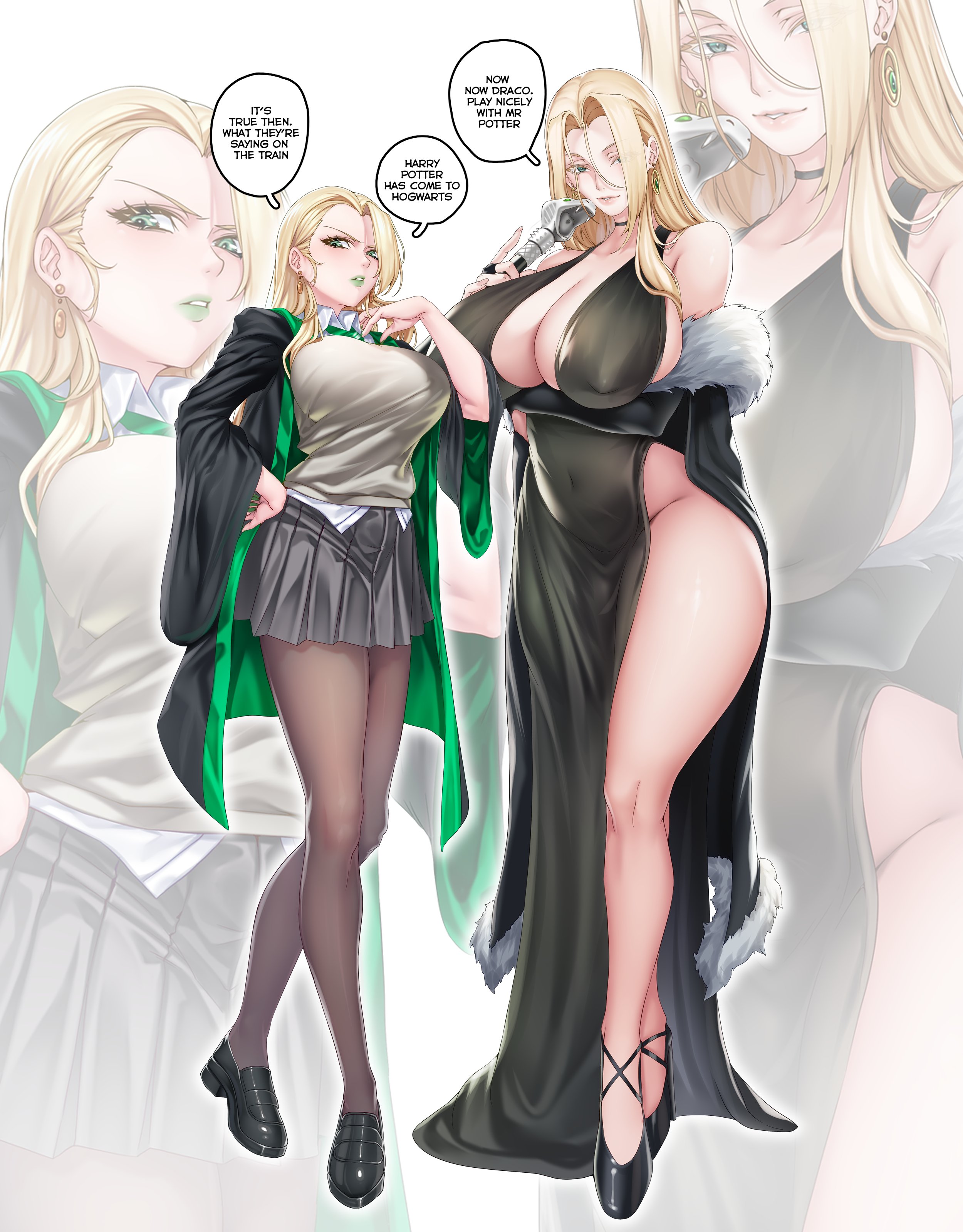 2girls, artist request, breasts, draco malfoy, draco malfoy (redteneri), female, female focus, female only, genderswap, harry potter, large breasts, light skin, light-skinned female, looking at viewer, lucius malfoy, mature female, milf, rule 63, school uniform, thick thighs, thighs, wide hips