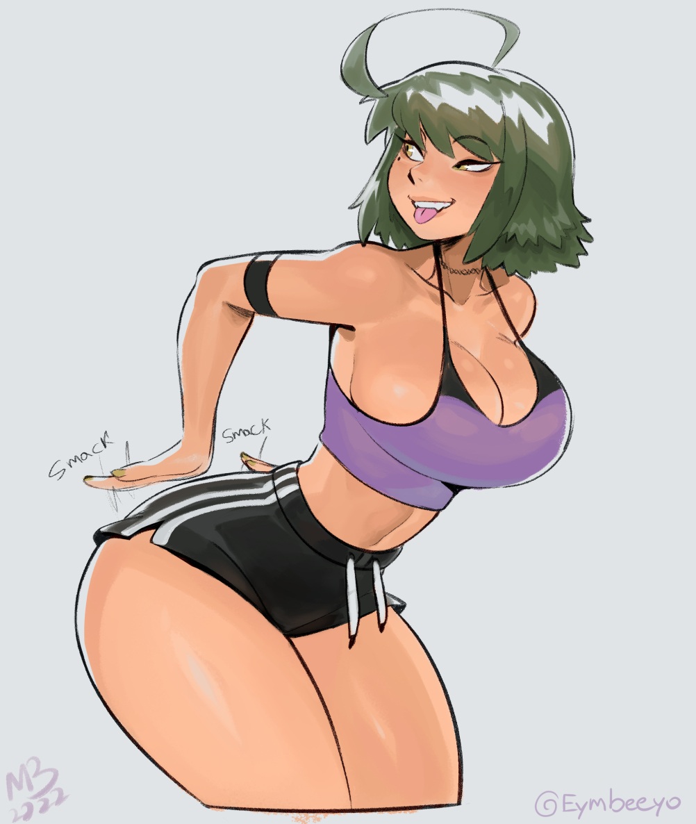 1girls big_breasts booty_shorts breasts cleavage clothed curvy eager eymbee female female_only green_hair liz_(flytrapxx) original short_hair shorts showing_off_ass simple_background solo tagme teasing thick_thighs thighs tongue_out