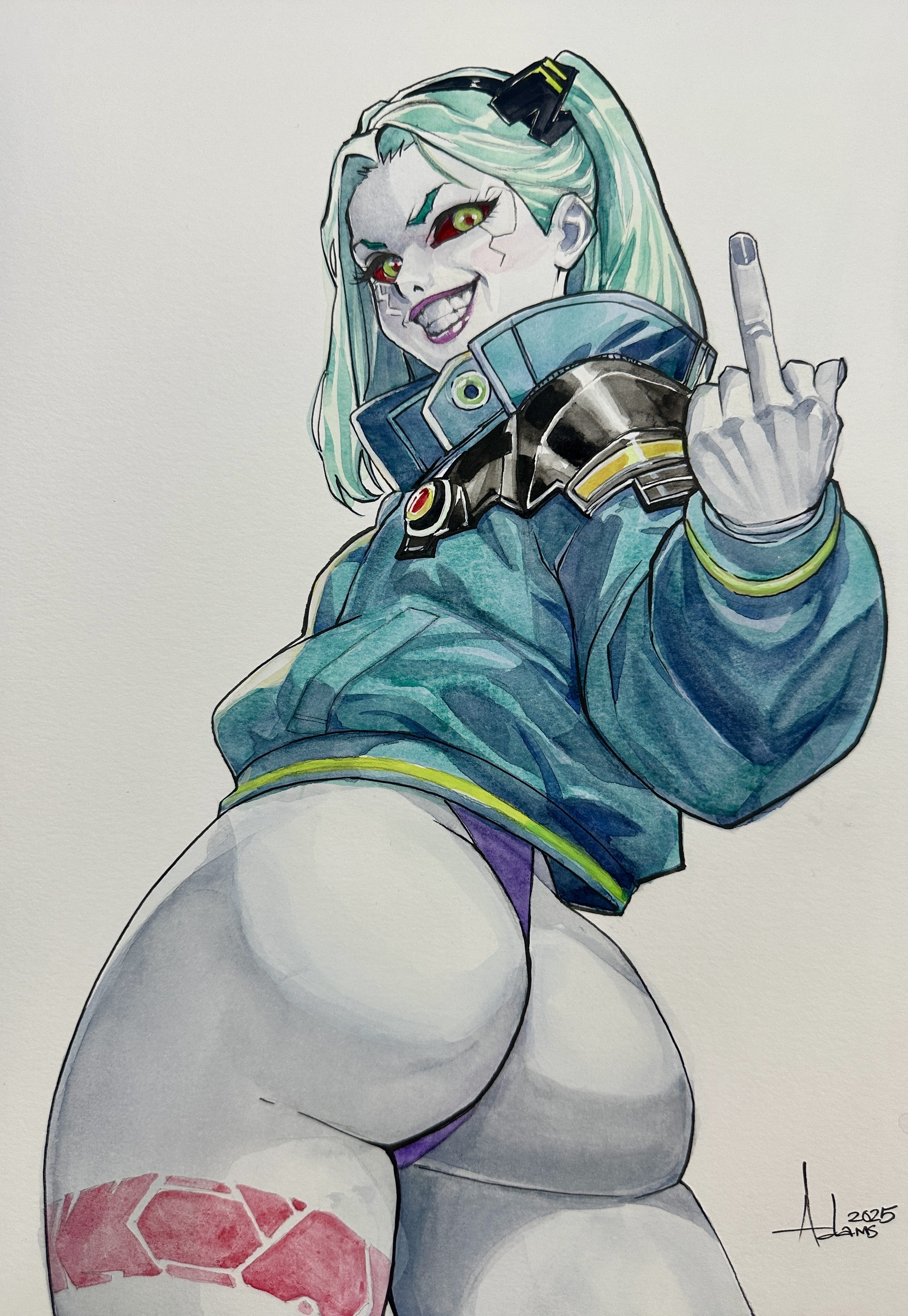 1girls, ass, big ass, bubble butt, clothing, cyberpunk 2077, cyberpunk: edgerunners, female, jacket, melonsandcurves, middle finger, outerwear, rebecca (edgerunners), solo, traditional media (artwork)