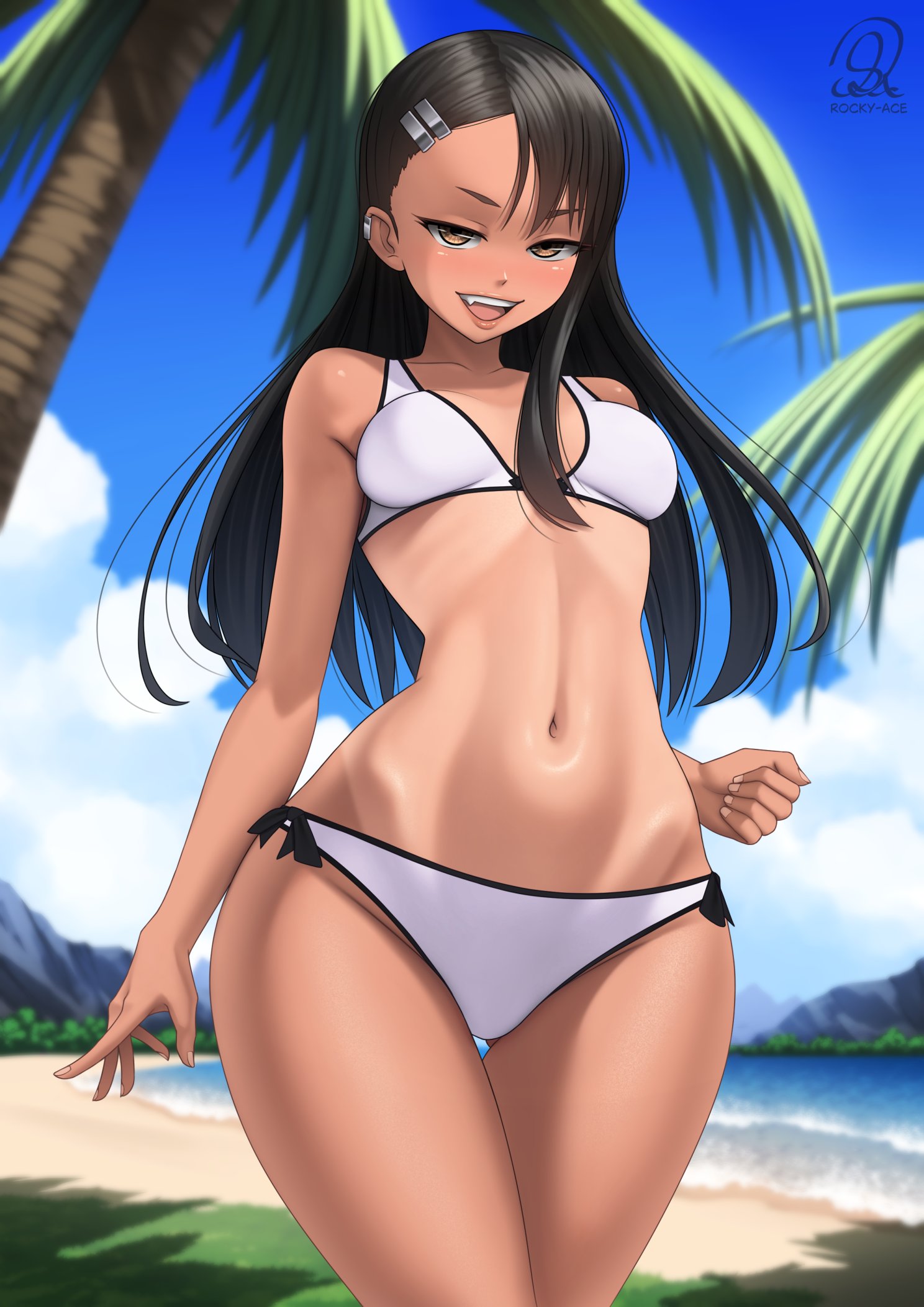 1girls, beach, bikini, black hair, dark skin, female, female only, hayase nagatoro, please don't bully me, nagatoro, rocky-ace, small breasts, tanline, toned, wide hips