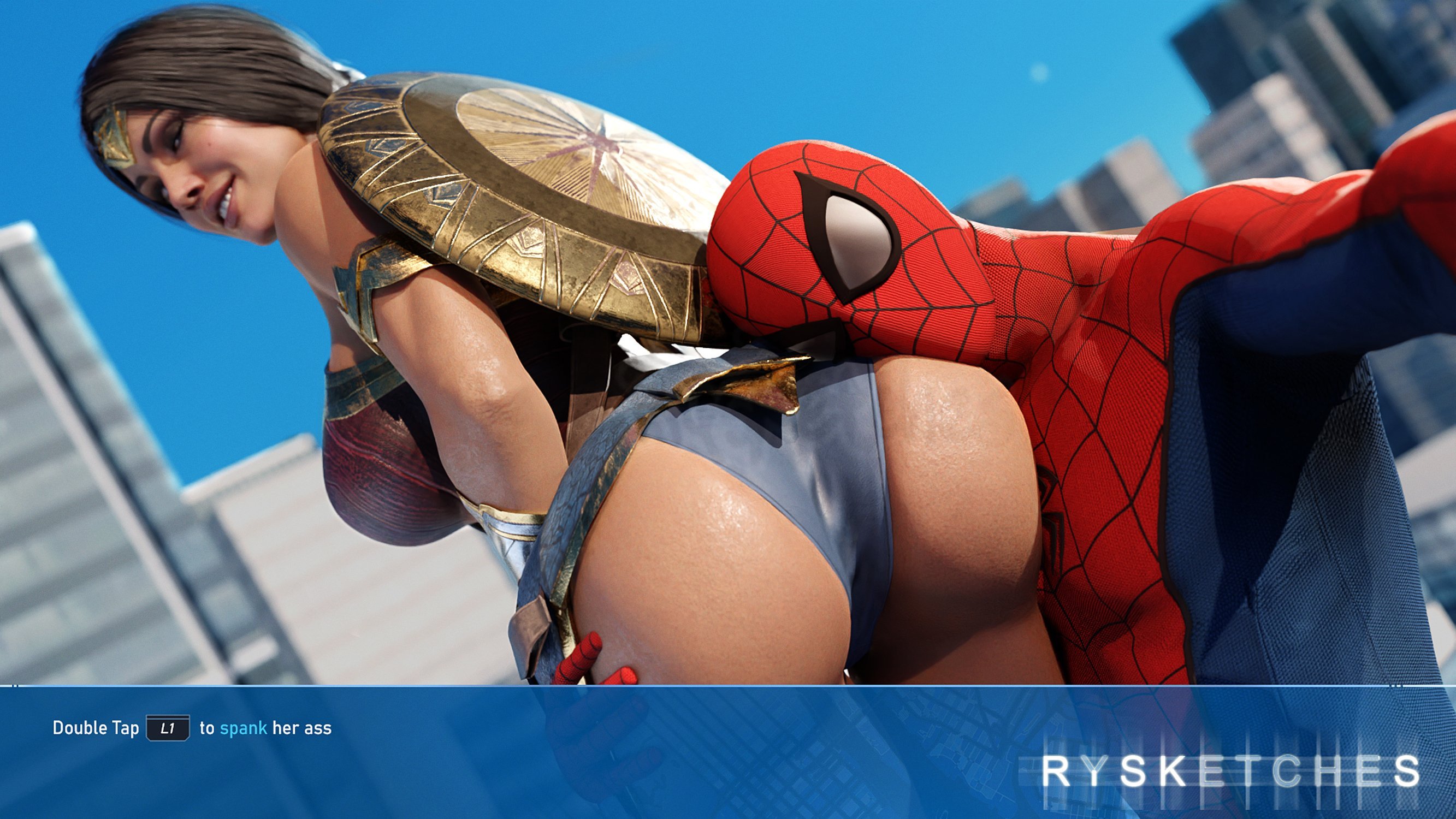 1boy, 1girls, 3d, ass, ass grab, big ass, crossover, dc, dc comics, female, injustice 2, looking at viewer, looking back, male, male/female, marvel, marvel comics, olive skin, peter parker, rysketches, selfie, smile, smiling at viewer, spider-man, spider-man (ps4), spider-man (series), straight, straight hair, voluptuous, wonder woman, wonder woman (series)