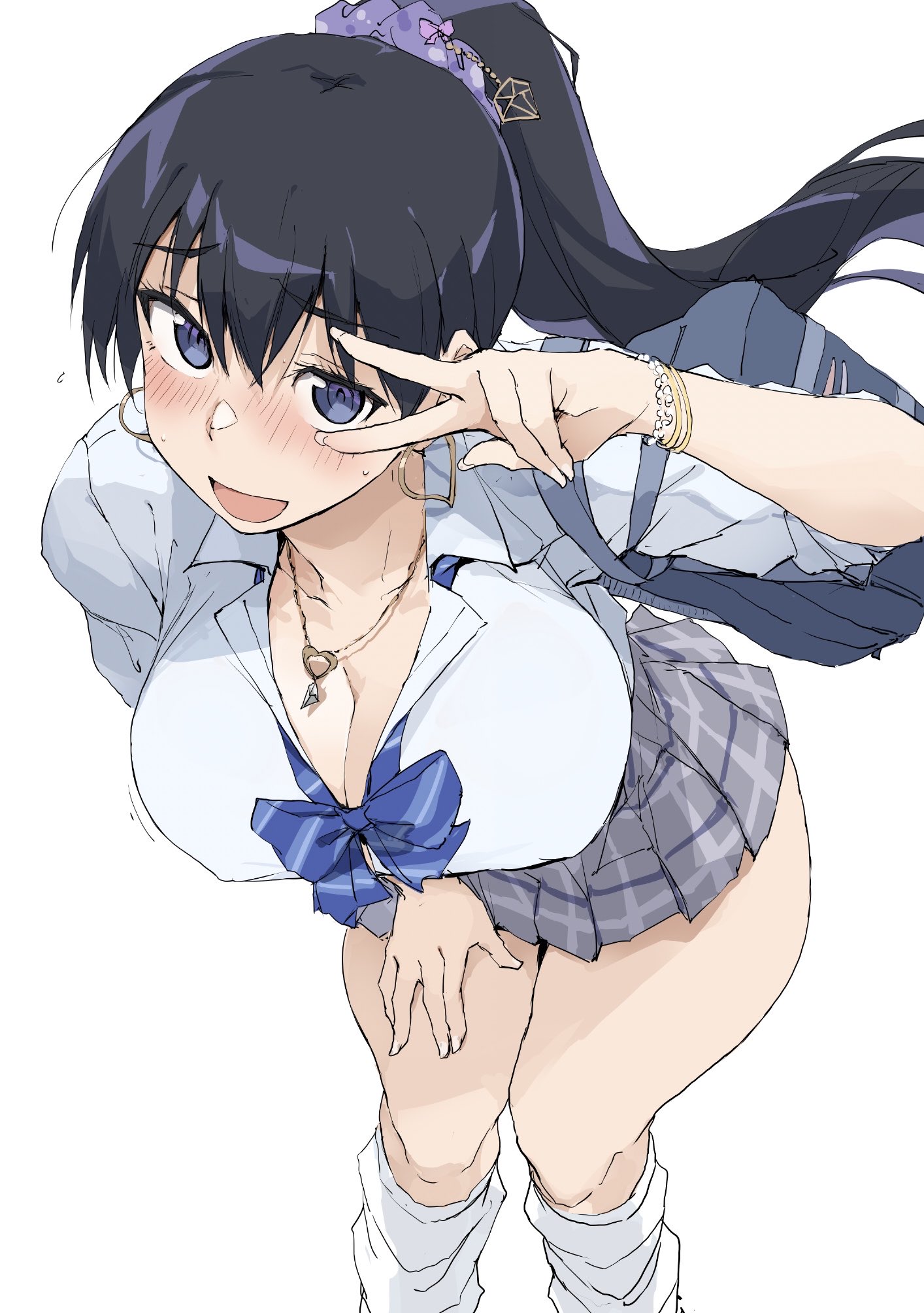 1girls, arato nagi, bag, black hair, blue bag, blue bow, blue bowtie, blue eyes, blush, bow, bowtie, bracelet, breasts, cleavage, collarbone, commentary request, earrings, female, female only, grey skirt, gyaru, heart, heart earrings, highres, jewelry, kogal, large breasts, long hair, looking at viewer, loose socks, necklace, nipple bulge, official alternate costume, open mouth, plaid clothes, plaid skirt, ponytail, ruri no houseki, school bag, shirt, skirt, socks, solo, standing, striped bow, striped bowtie, striped clothes, v, white shirt, zekkyon