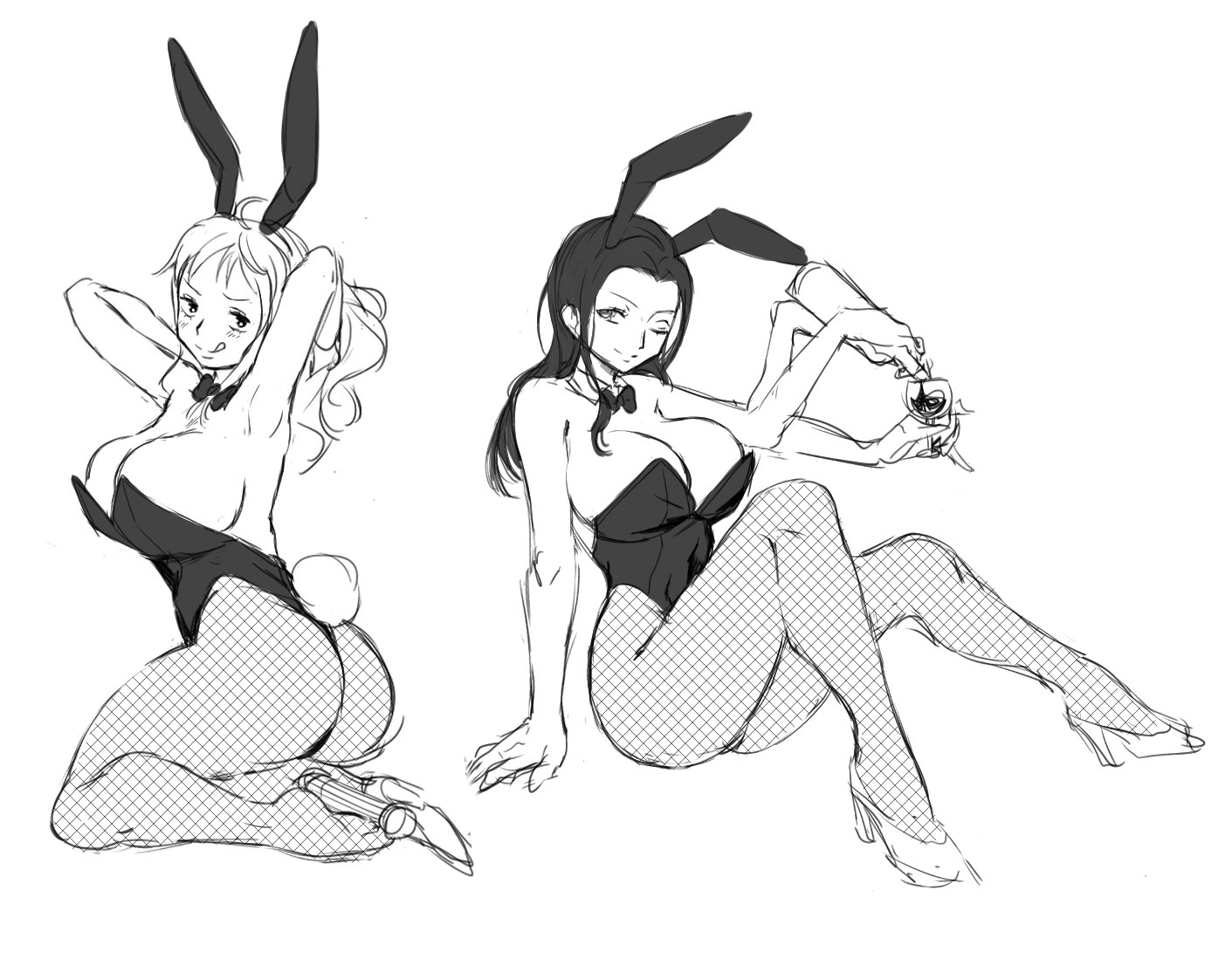 2girls, armpits, arms up, big ass, big breasts, black and white, bowtie, bowtie collar, bunny ears, bunny girl, bunny tail, bunnysuit, cleavage, crouching, female, female only, heels, legs, line art, long, long hair, lushhhh, nami (one piece), nico robin, one piece, post-timeskip, sitting, smile, thighs, tongue out, wine, wine bottle, wine glass, wink, winking at viewer