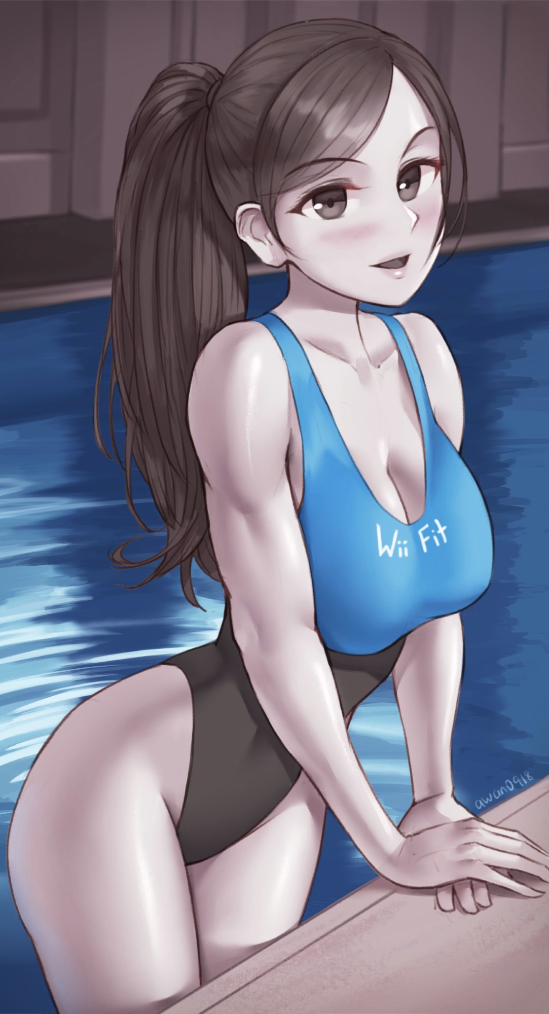 artist_name athletic_female awan0918 black_eyes black_hair breasts female fit_female highleg highleg_swimsuit large_breasts nintendo one-piece_swimsuit open_mouth pale-skinned_female pale_skin ponytail pool solo swimming_pool swimsuit water wii_fit wii_fit_trainer