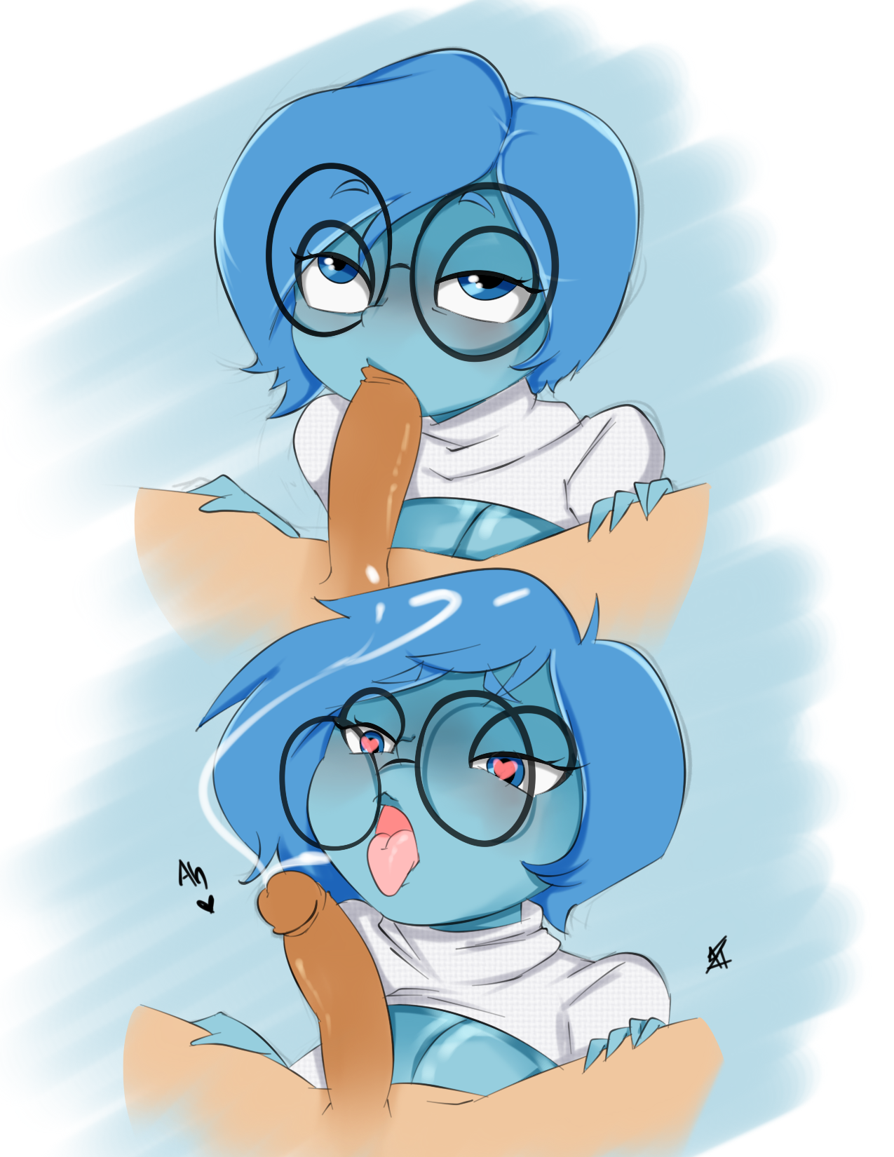 1boy, 1girls, 2017, blowjob, blue hair, cum, cute, dead source, disney, female, glasses, hands-free, inside out, inuyuru, male, oral, oral sex, penis, pixar, sadness (inside out), seductive eyes, tagme, tongue, tongue out, unseen male face