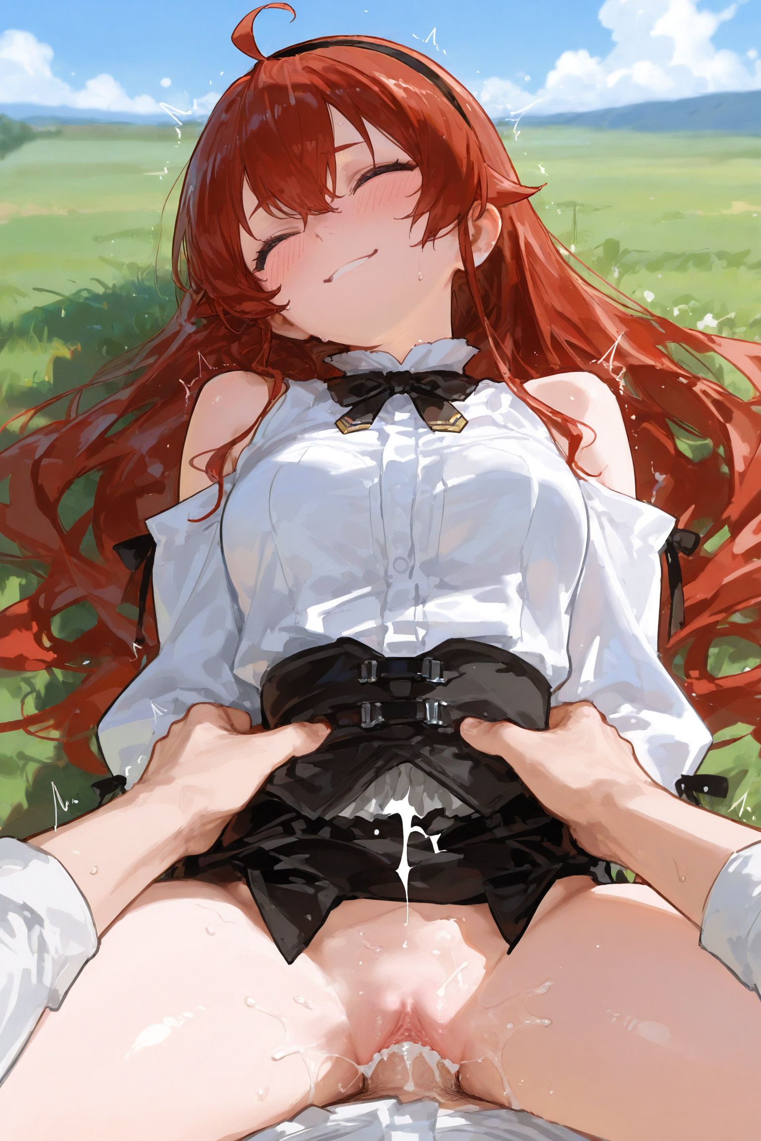 1girls, ai generated, blush, breasts, closed eyes, cum, cum in pussy, cum inside, eris greyrat, female, female focus, from above, krowenx, long hair, lying, lying on back, male pov, mushoku tensei, no panties, on back, outdoors, penetration, penis, penis in pussy, pussy, red hair, sex, sky, smile, spread legs, thighs, uncensored, vaginal, vaginal penetration, vaginal sex