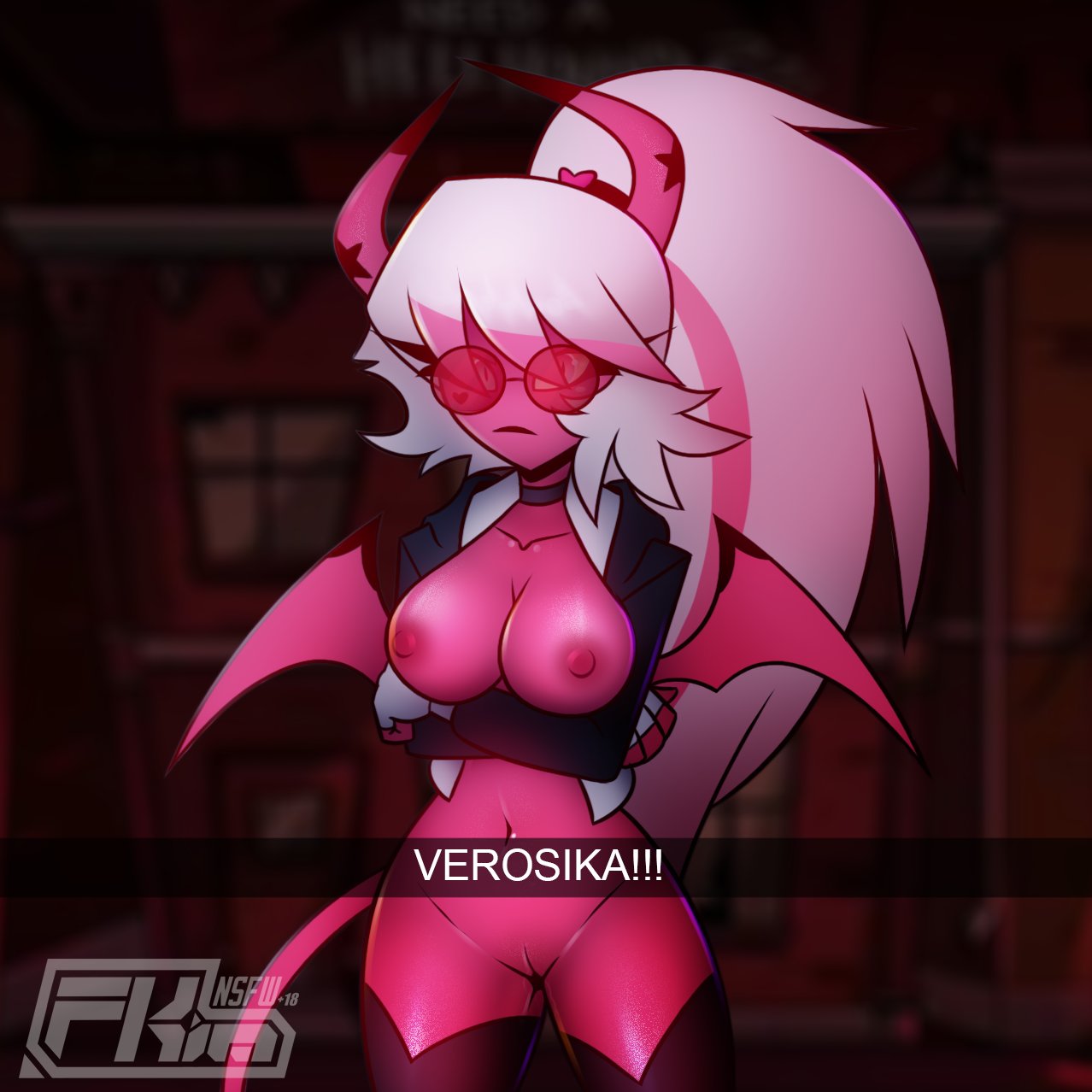 1girls, 2022, black lips, breasts, breasts out, choker, clothing, crossed arms, demon, demon girl, erect nipples, female, fingerless gloves, fkimnsfw, helluva boss, horns, lipstick, long hair, looking at viewer, mole, mole under eye, nipples, pink eyes, pink highlights, pink skin, ponytail, pussy, red-tinted eyewear, snapchat, solo, stockings, succubus, sunglasses, tail, text, tinted eyewear, verosika mayday (helluva boss), vivienne medrano, white hair, wings
