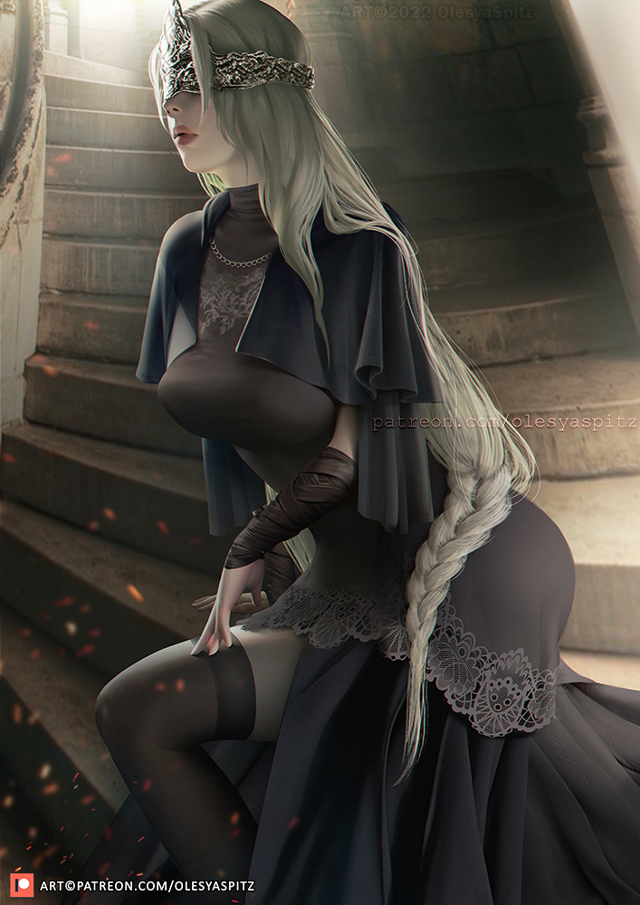 1girls big_breasts blonde_female clothing dark_souls dark_souls_3 female female_only fire_keeper fromsoftware huge_breasts light-skinned_female mask olesyaspitz painting_(artwork) solo stockings