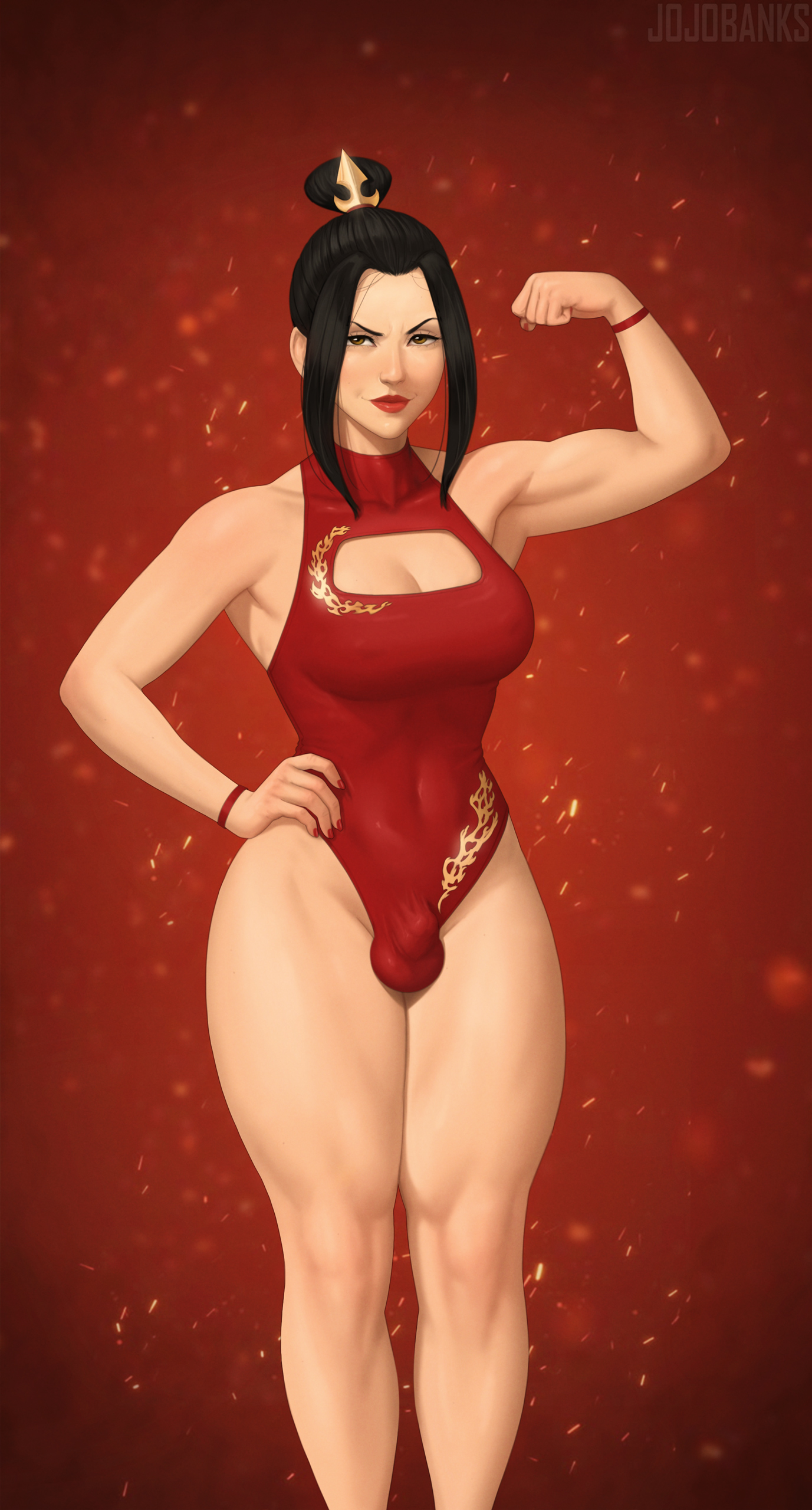 asian futa, avatar the last airbender, azula, big thighs, blushing, bulge, bulge under clothes, cameltoe, detailed bulge, dickgirl, fanart, fit futa, flexing bicep, flexing muscles, futa bulge, futa only, futanari, hand on hip, jojobanks, looking at viewer, muscular futa, muscular thighs, nipples visible through clothing, one piece swimsuit, skin tight outfit, small penis, smile, solo, solo focus, solo futa, villainess