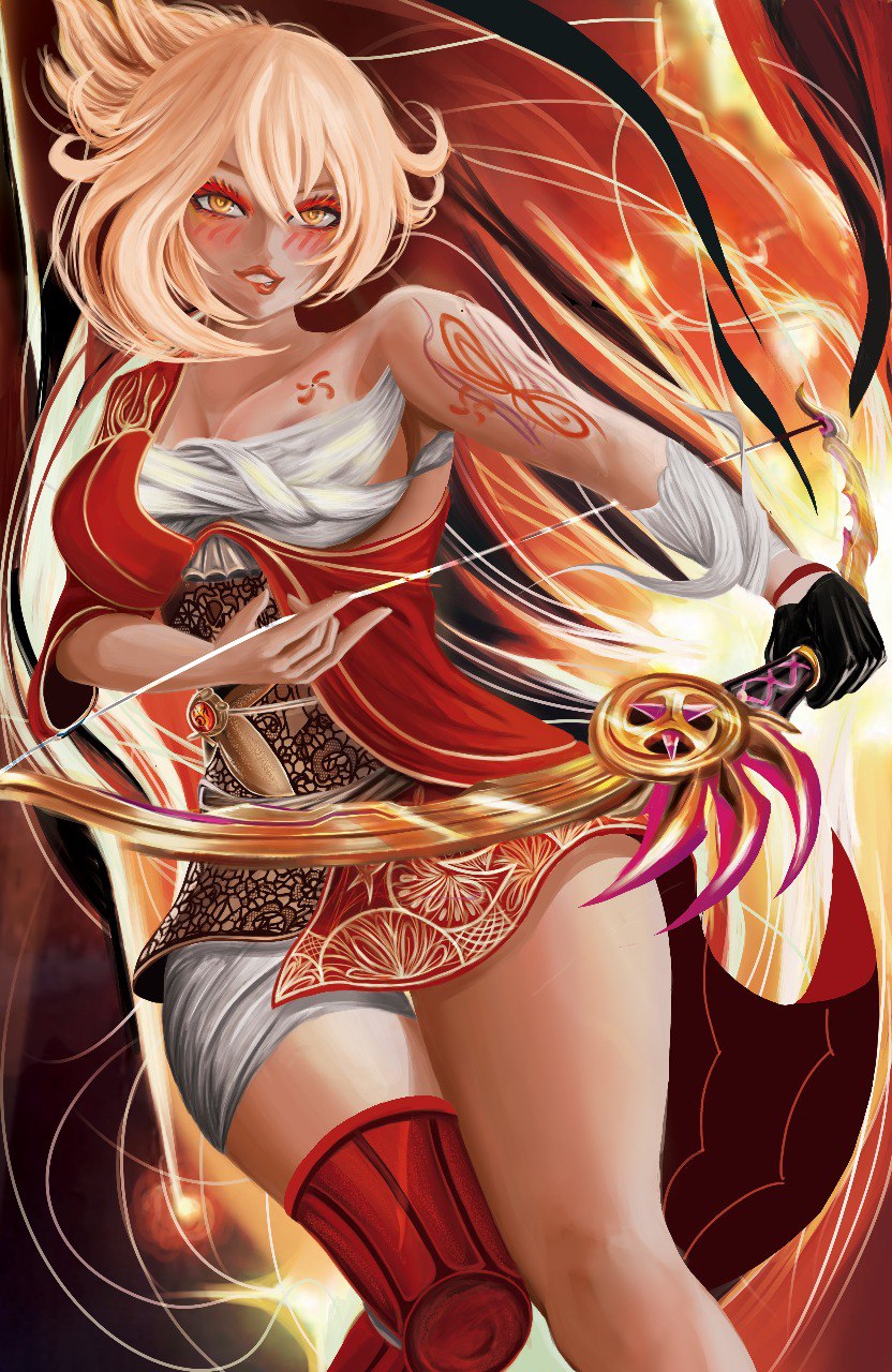 big_breasts blonde_female blonde_hair cowgirl_position dantedraw genshin_impact gigantic_breasts gold_(metal) gold_eyes light-skinned_female lipstick red_clothing tight_clothing wide_hips yoimiya_(genshin_impact)