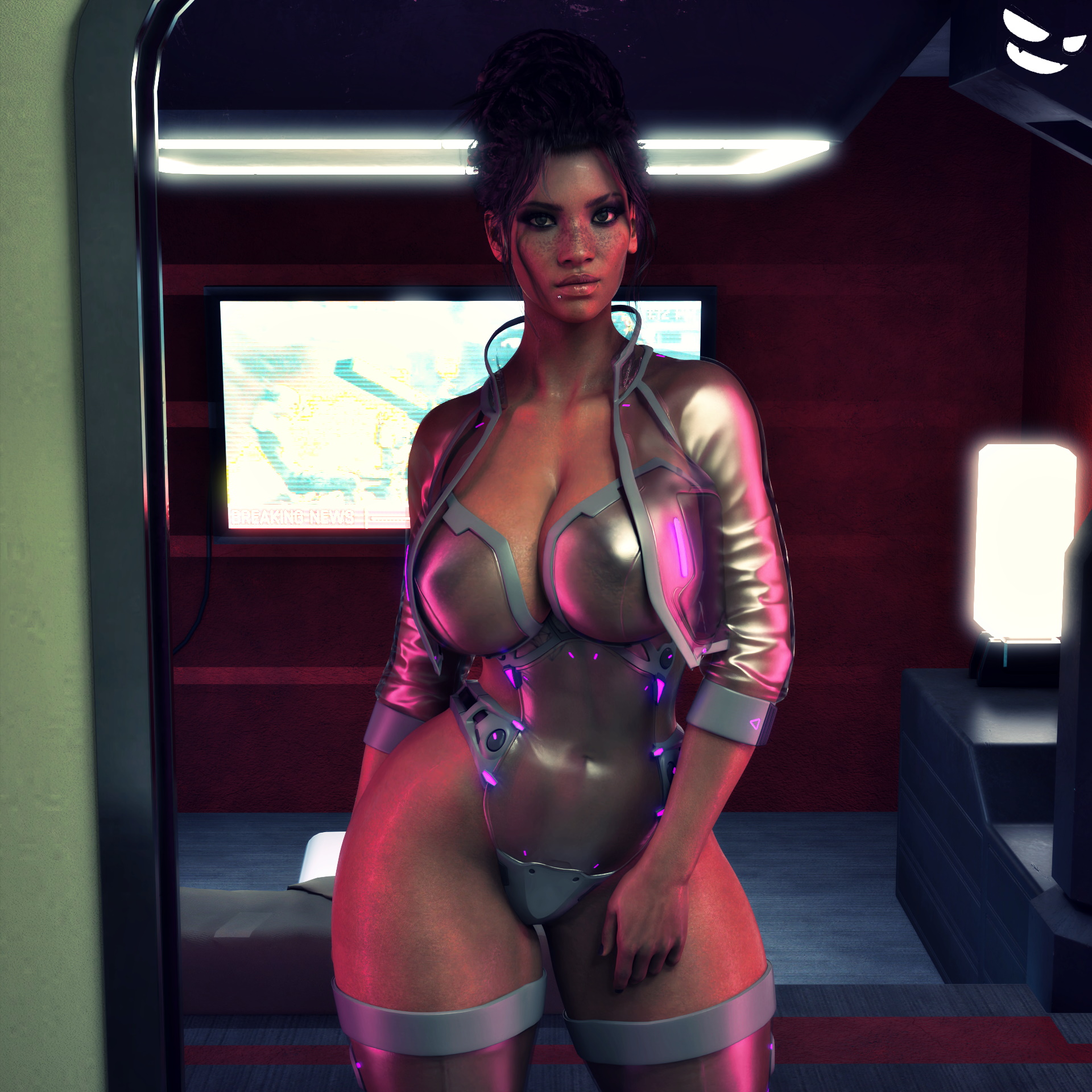 1girls, 3d, big breasts, breasts, cd projekt red, cyberpunk, cyberpunk 2077, dark skin, dark-skinned female, female, female only, gm studios, hair bun, hairbun, leotard, no eyewear, panam palmer, sci-fi, science fiction, scifi, see-through clothing, solo, solo female, tagme, thick thighs