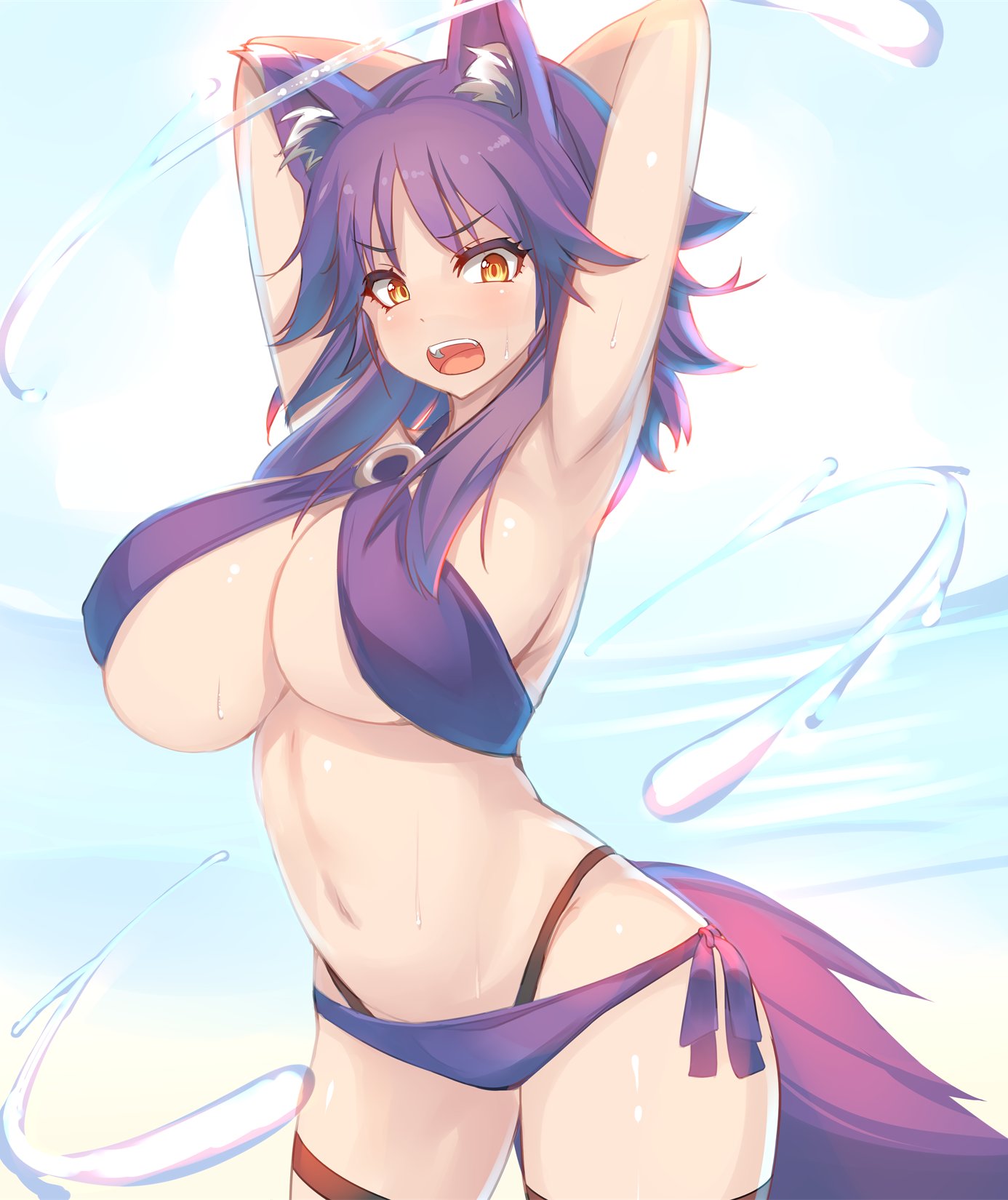 aki_makoto animal_ears armpits arms_behind_head beach big_breasts breasts female mouth_open princess_connect! princess_connect!_re:dive psyg2 purple_hair tagme tail water yellow_eyes