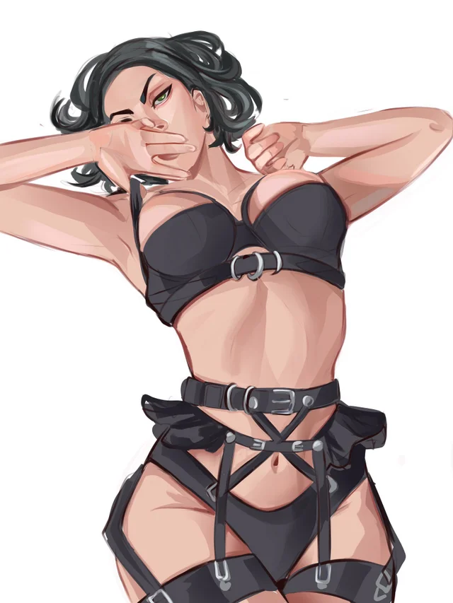 armpits belt big_breasts black_hair boob_window bra bra_strap_pull digital_drawing_(artwork) drawn female female_only garter_belt green_eyes hand_covering_mouth laying_down light-skinned_female light_skin lingerie looking_at_viewer messy_hair mouth_covered short_hair solo thick_thighs thong valorant vile_jp viper_(valorant) white_background wide_hips