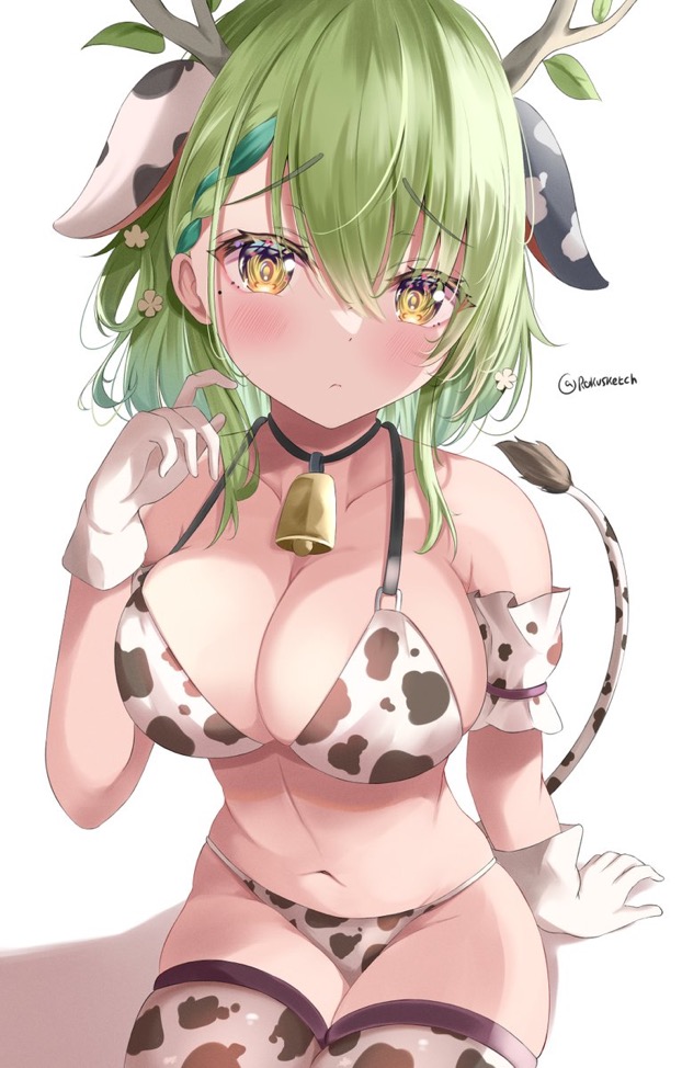 1girls artist_request bell bell_collar big_breasts blush blushing blushing_at_viewer ceres_fauna cosplay cow_costume cow_ears cow_girl cow_print cow_tail cowbell cowkini hololive hololive_english hololive_english_-council- hololive_english_-promise- looking_at_viewer rokusketch shaded simple_background tagme virtual_youtuber