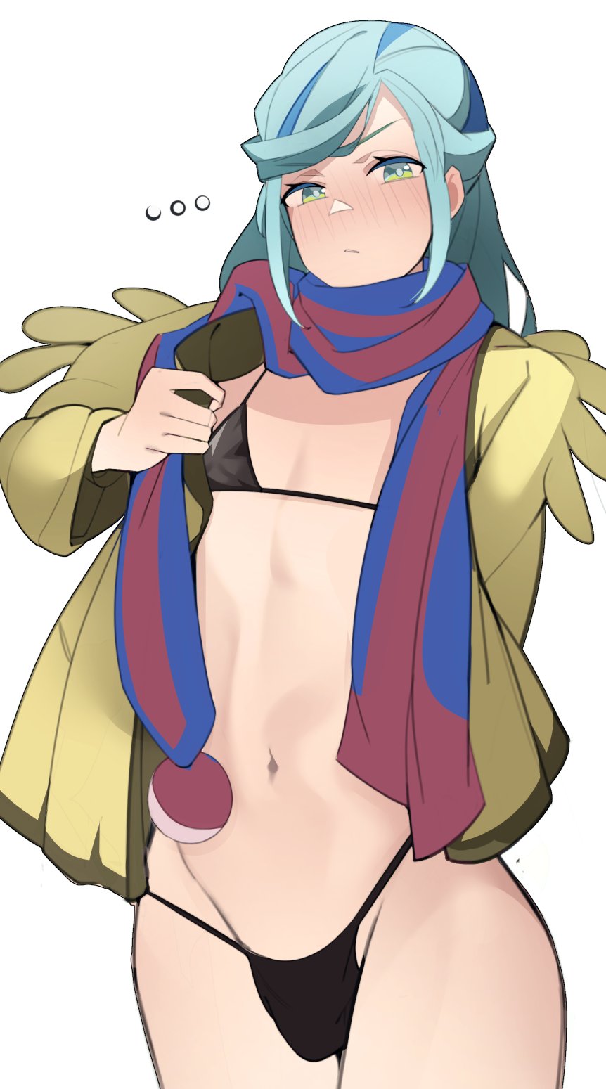 1boy, bikini, blue eyes, blue hair, blush, bulge, femboy, game freak, gloves, grusha (pokemon), light skin, light-skinned male, long hair, looking at another, male, male only, micro bikini, nintendo, oregano, penis, penis bulge, pokemon, pokemon (game), pokemon sv, trap