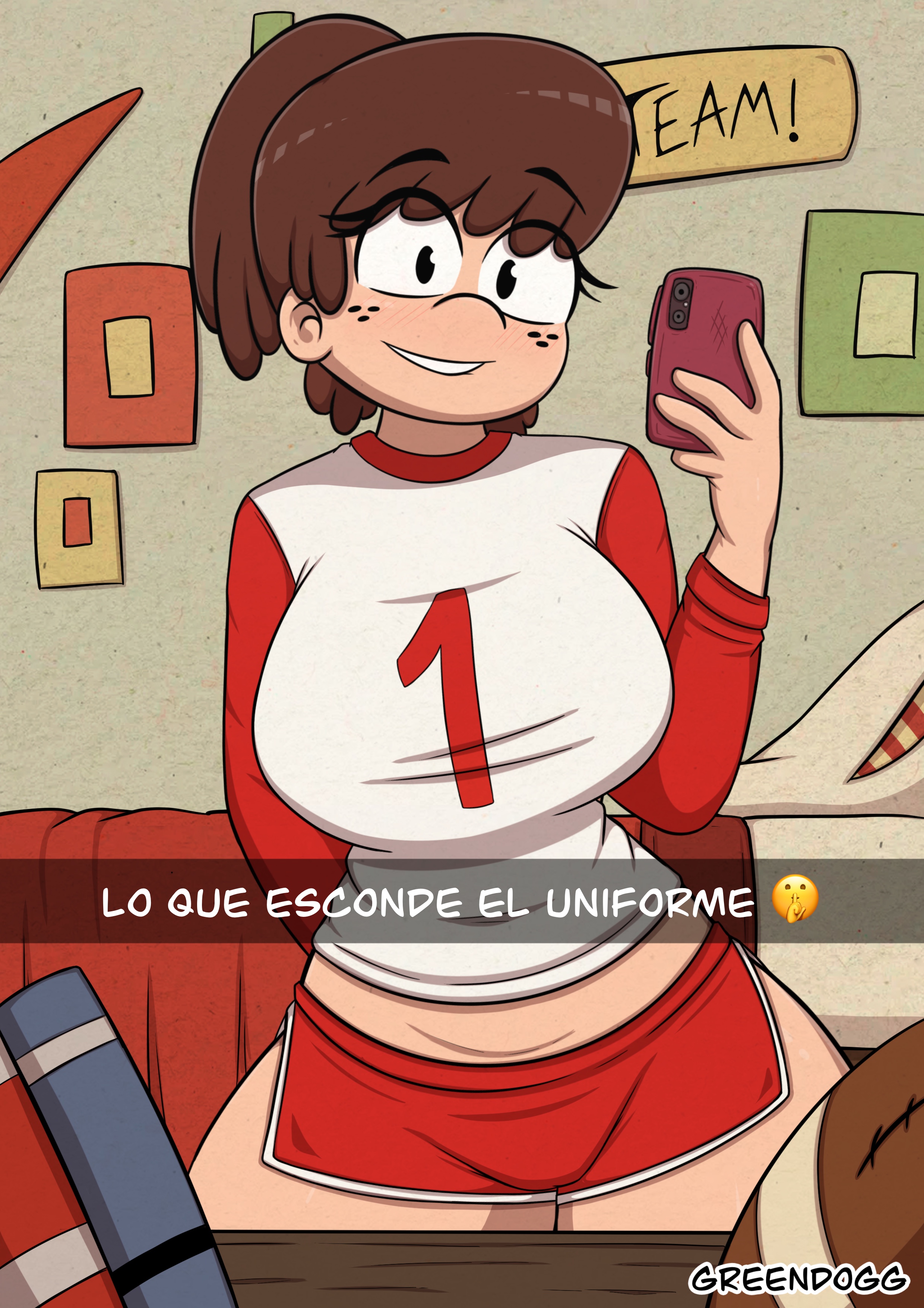 1girls, aged up, breasts, clothing, female, greendogg, lynn loud, selfie, smile, solo female, spanish text, tagme, text, the loud house