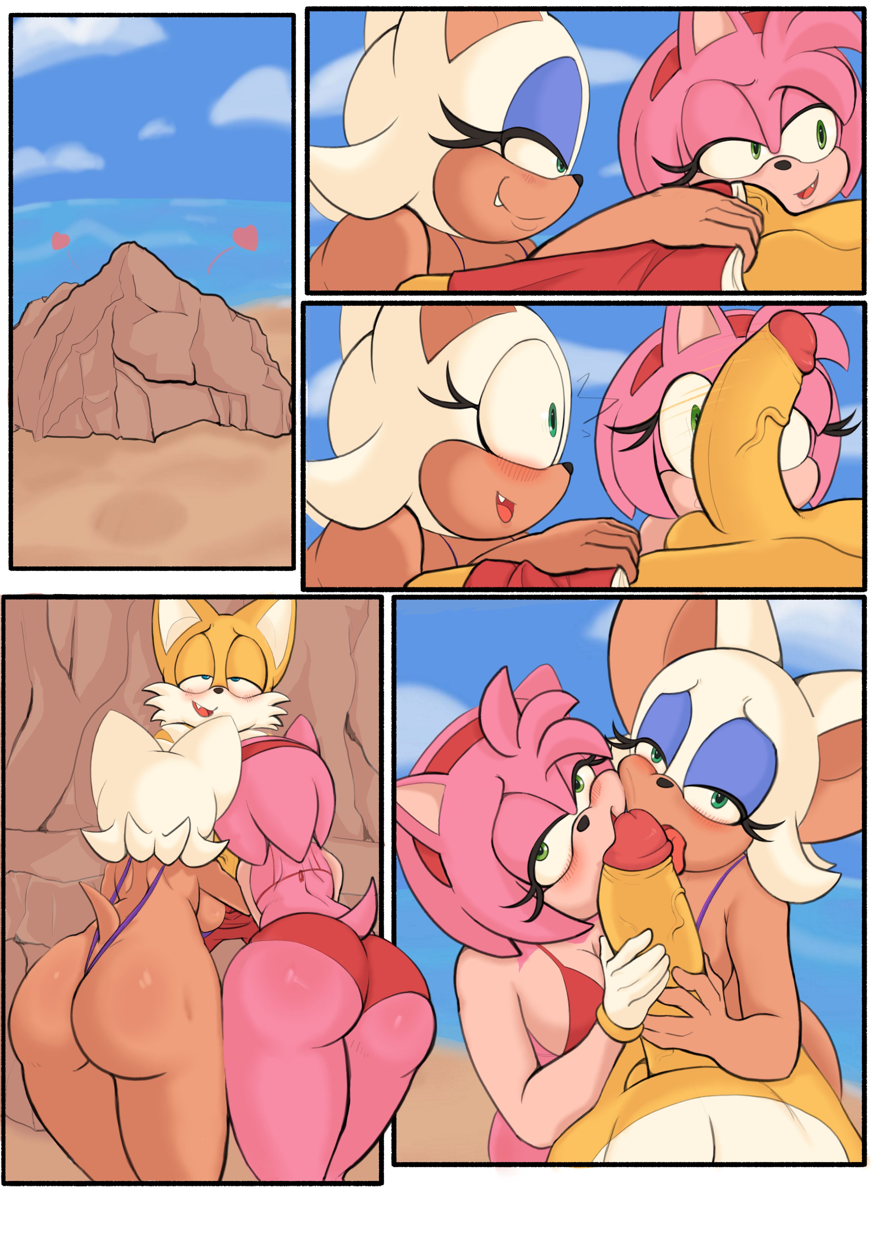 1boy, 2girls, 5 fingers, absurd res, amy rose, anthro, ass, bat, beach, big ass, big penis, blue eyes, bob cut, bra, cock shock, comic, erection, eyelashes, fangs, female, fox, gloves, green eyes, hedgehog, hi res, huge cock, licking, licking penis, male, male pov, older female, panties, penis, pink hair, pinkfalcon, pov, pulling down pants, rouge the bat, sling bikini, smiling, sonic (series), sonic the hedgehog (series), straight, swim trunks, swimsuit, swimwear, tails, tails the fox, veiny penis, white hair, yellow hair, younger male