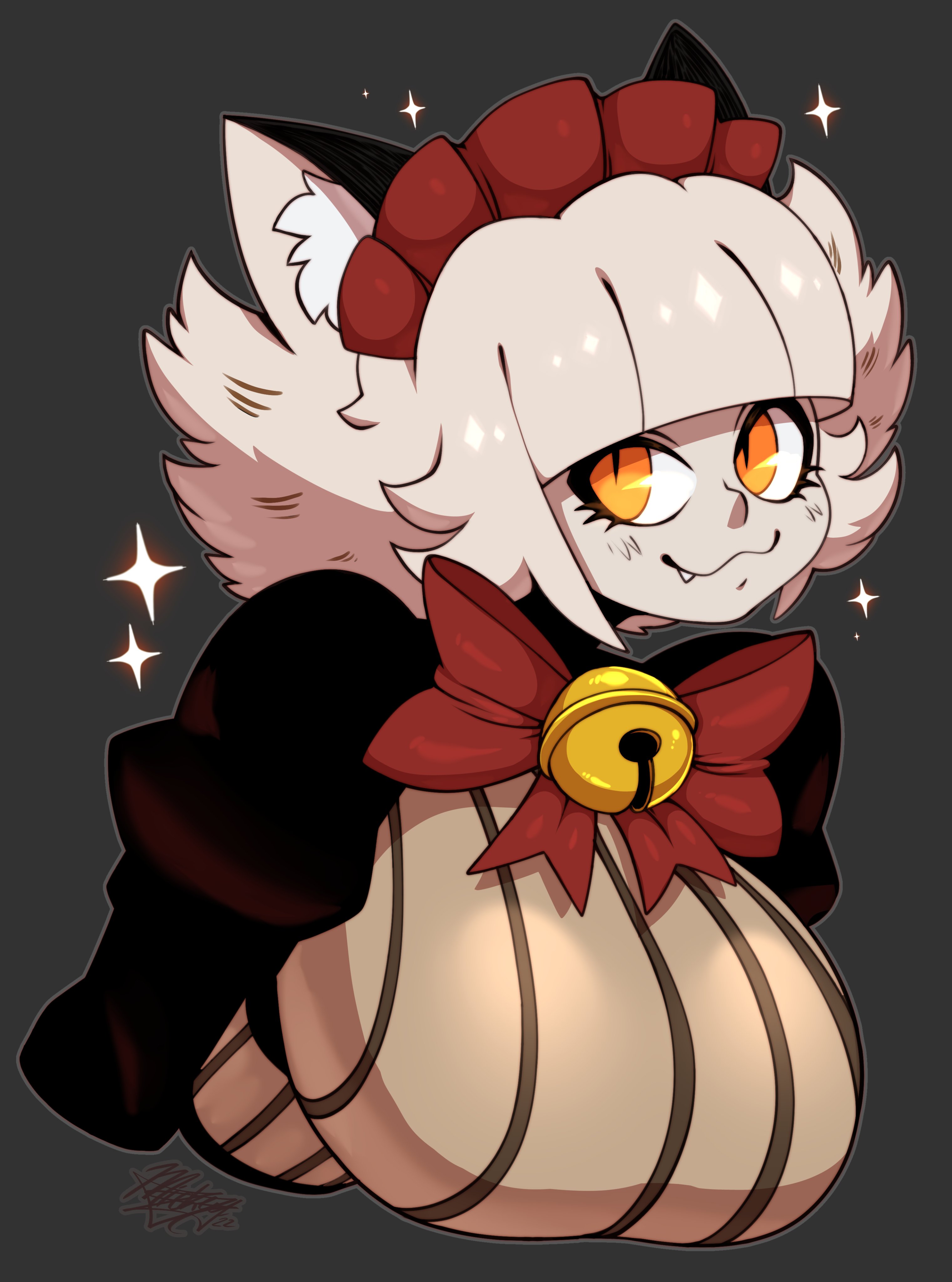 :3, bell, big breasts, blunt bangs, bow, breasts, cat ears, cat girl, catgirl, catmaid (dizzyspells), cute fang, dress, eyelashes, female, fully clothed, huge breasts, large breasts, looking at viewer, puffy sleeves, smile, tagme, taut clothes, taut shirt, tight clothing, tight shirt, toxicsoul77, wavy mouth, white hair, white sclera, yellow eyes