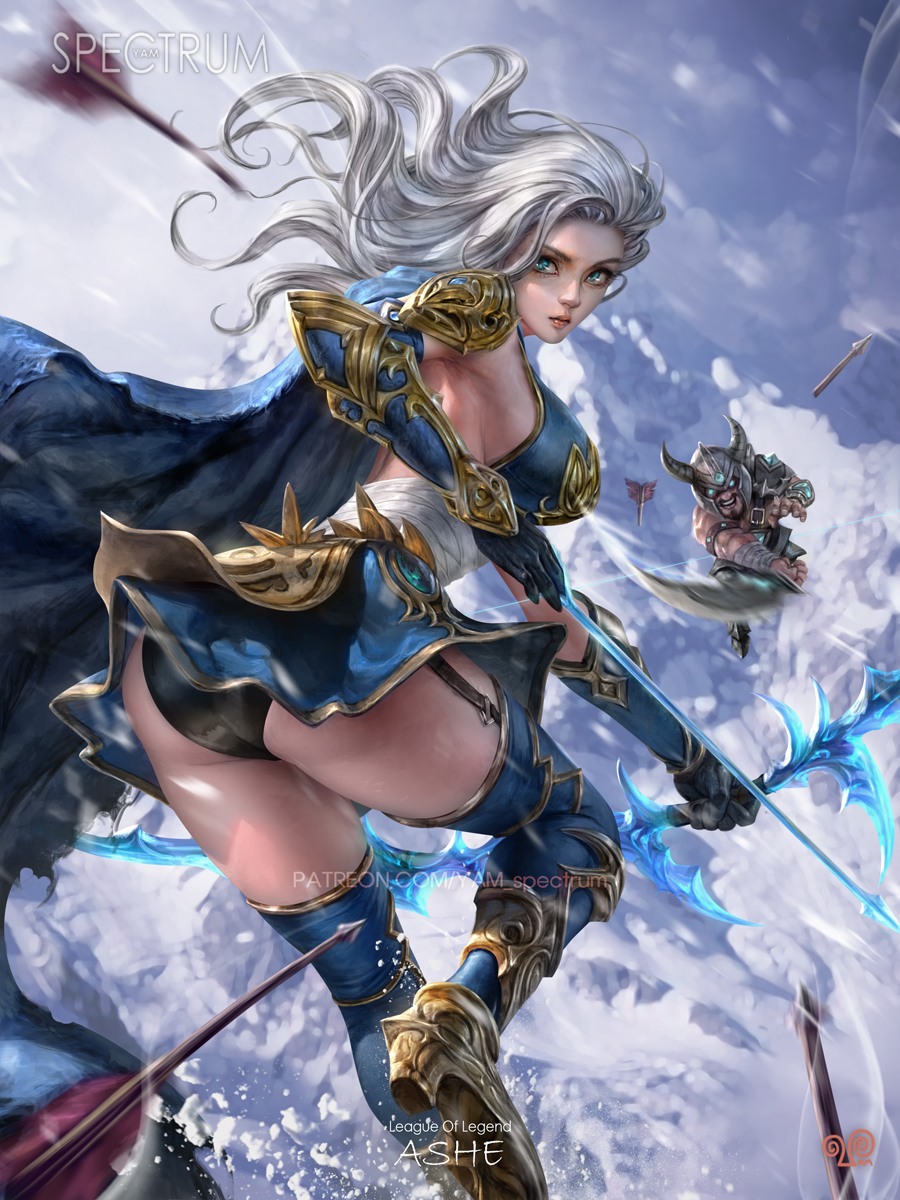 1girls 2022 armor arrow ashe_(league_of_legends) ass bare_back black_panties blue_eyes boots bow_(weapon) breasts cape dress dress_lift garter_straps gloves league_of_legends long_gloves long_hair looking_back minidress panties patreon_username riot_games sideboob tagme thigh_boots thighhighs thighs tryndamere watermark weapon white_hair yam_spectrum