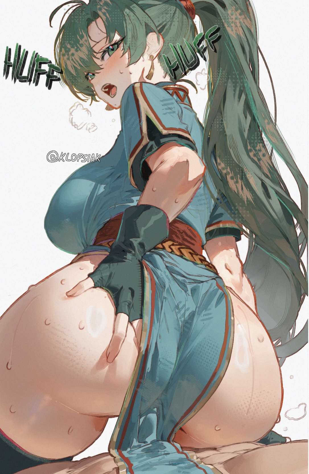 1boy1girl, ass, ass grab, big ass, big breasts, blue dress, blush, breasts, butt, dress, earrings, female, fire emblem, fire emblem: the blazing blade, green eyes, green hair, klopsiak, lyn (fire emblem), male, nintendo, onomatopoeia, open mouth, ponytail, straight, sweat, thick ass, thick thighs, thighhighs, thighs, unseen face, unseen male face