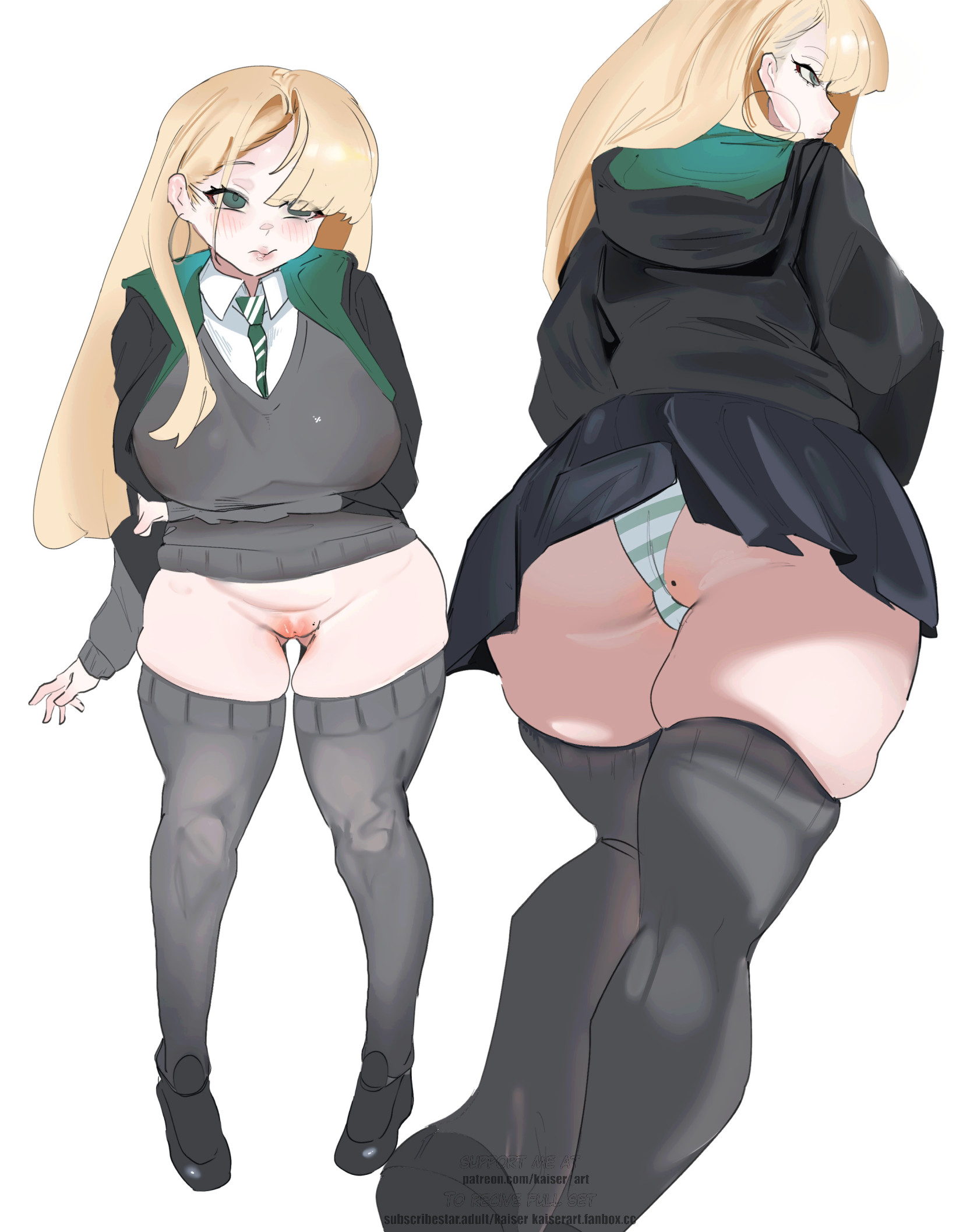 1girls, breasts, draco malfoy, draco malfoy (redteneri), female, female focus, female only, genderswap, girls, harry potter, hi res, kaiserart, large breasts, light skin, light-skinned female, looking at viewer, rule 63, shimapan, thick thighs, thighs, wide hips