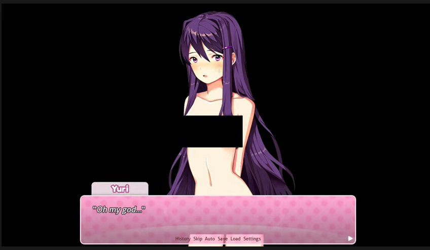 1girls black_background blush censor_bar censored censored_breasts censored_pussy ddlc_text_box doki_doki_literature_club female naked nude purple_eyes purple_hair screenshot screenshot_of_video solo speaking suprised talking text text_box the_bike theres_nobody_else_like_yuri yuri_(doki_doki_literature_club)