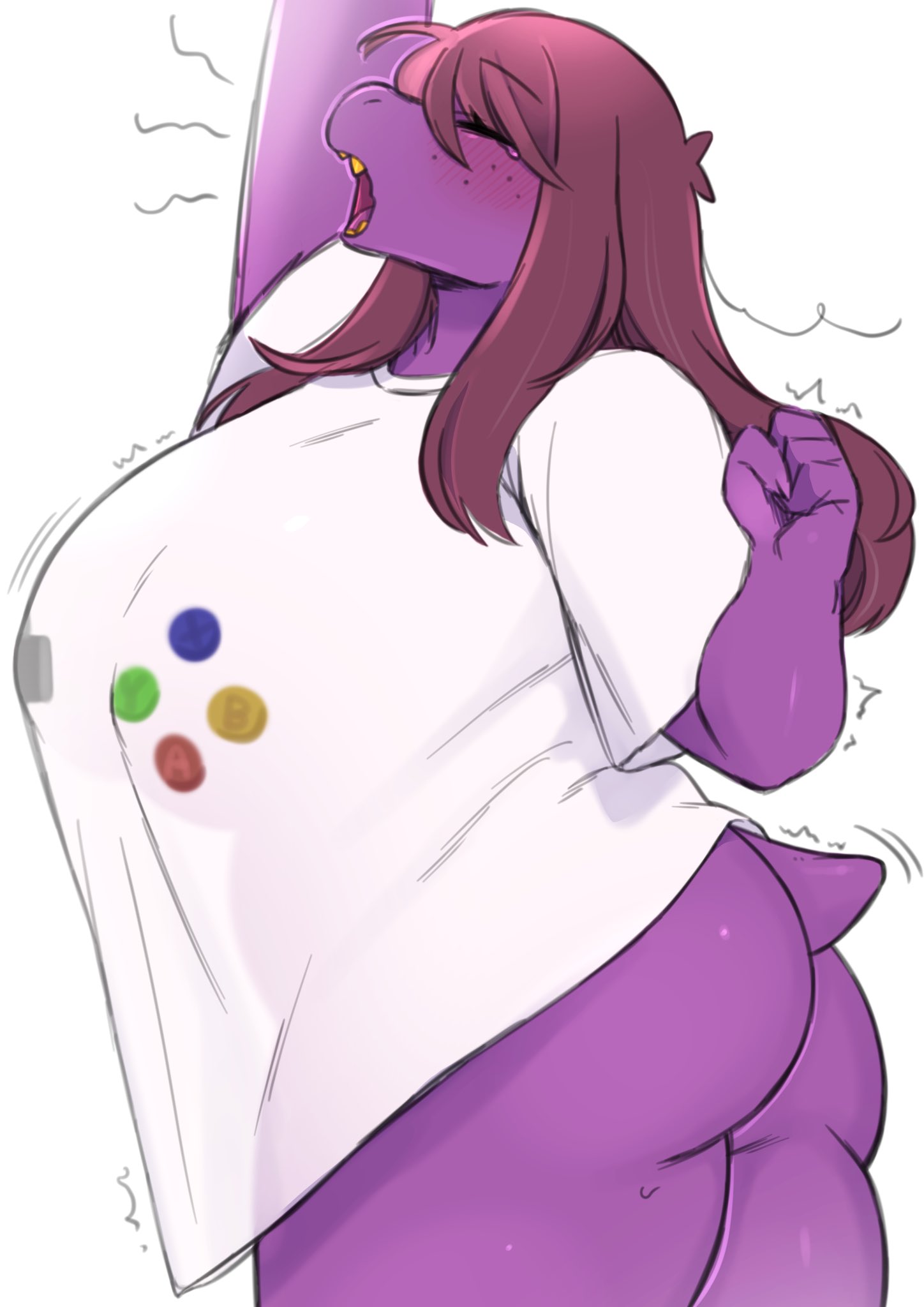 anthro, ass, ass crack, big ass, big breasts, bottomless, breasts, bubble ass, bubble butt, butt crack, chubby, clothed, clothing, deltarune, female, huge breasts, large breasts, partially clothed, solo, susie (deltarune), tagme, thick thighs, topwear, underchikichan, undertale (series)