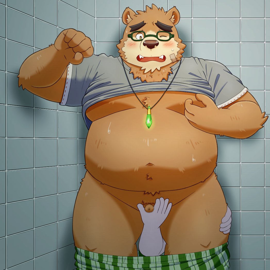 anthro balls bathroom belly blush boxers_down brown_body brown_fur disembodied_hand erection eyewear fupa fur genitals glasses handjob lifewonders male mammal moobs navel nipple_fetish nipple_pinch nipple_play overweight overweight_male penile penis pinch sex small_penis tokyo_afterschool_summoners ursid video_games volos yaki_atsuage